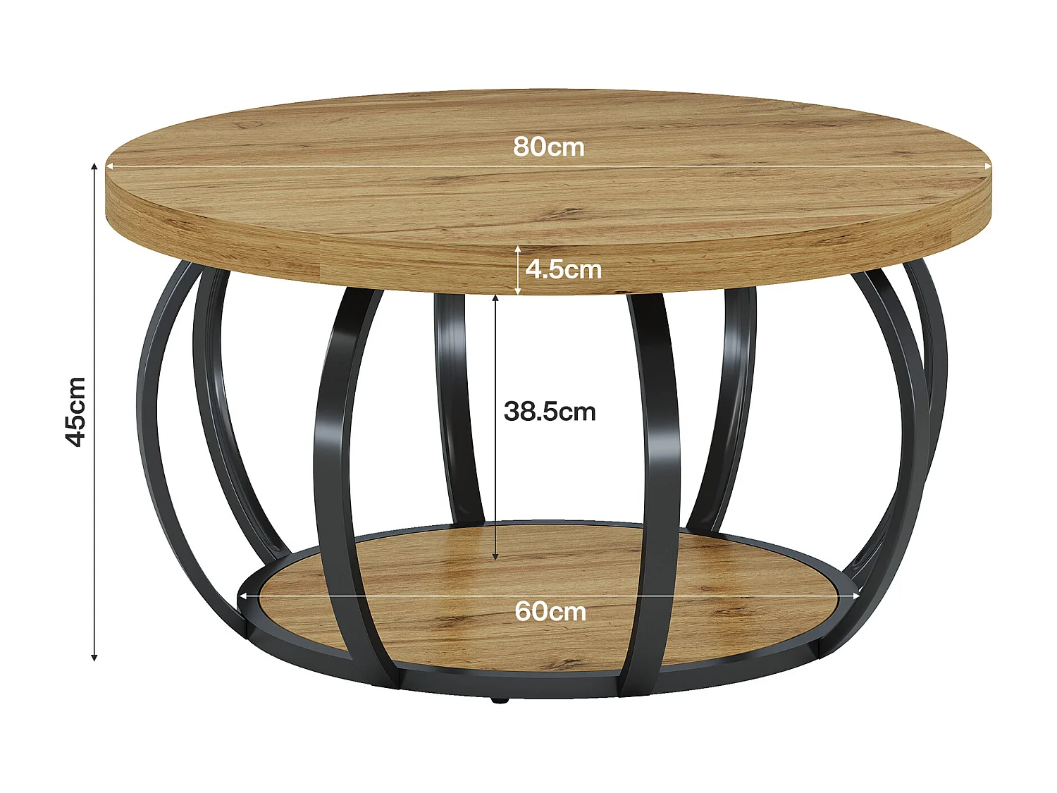 Table basse ronde, table basse industrielle à 2 niveaux avec étagères de rangement, table d'appoint moderne en bois pour canapé