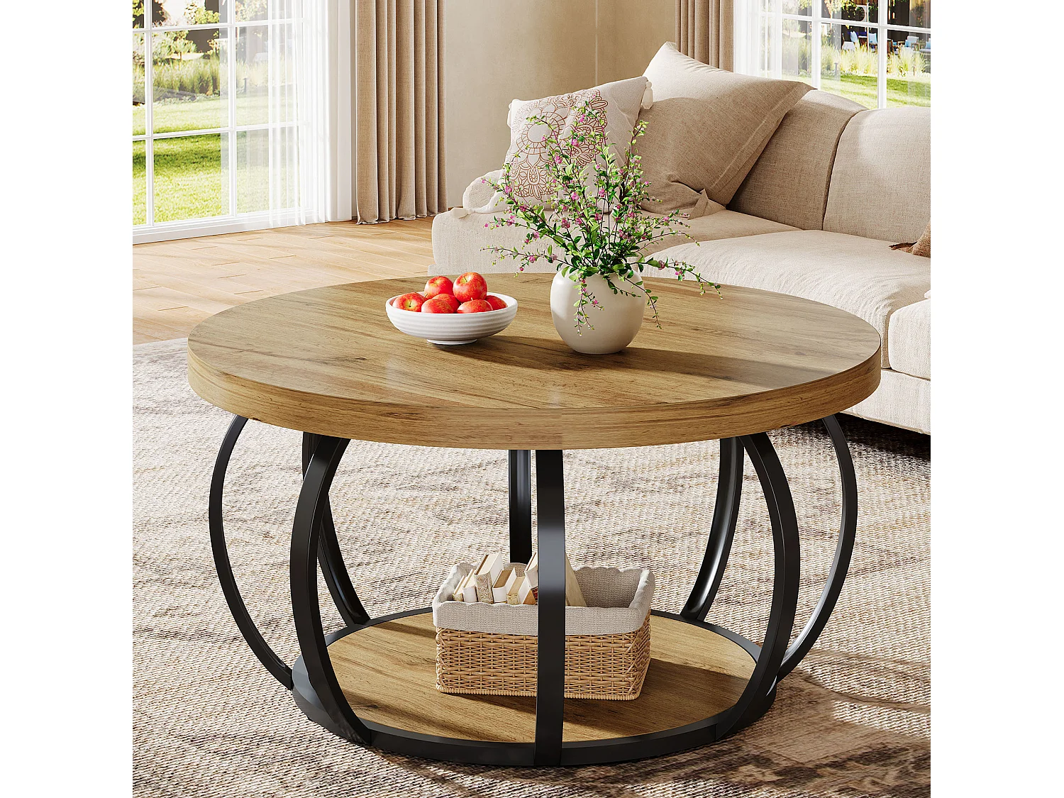 Table basse ronde, table basse industrielle à 2 niveaux avec étagères de rangement, table d'appoint moderne en bois pour canapé