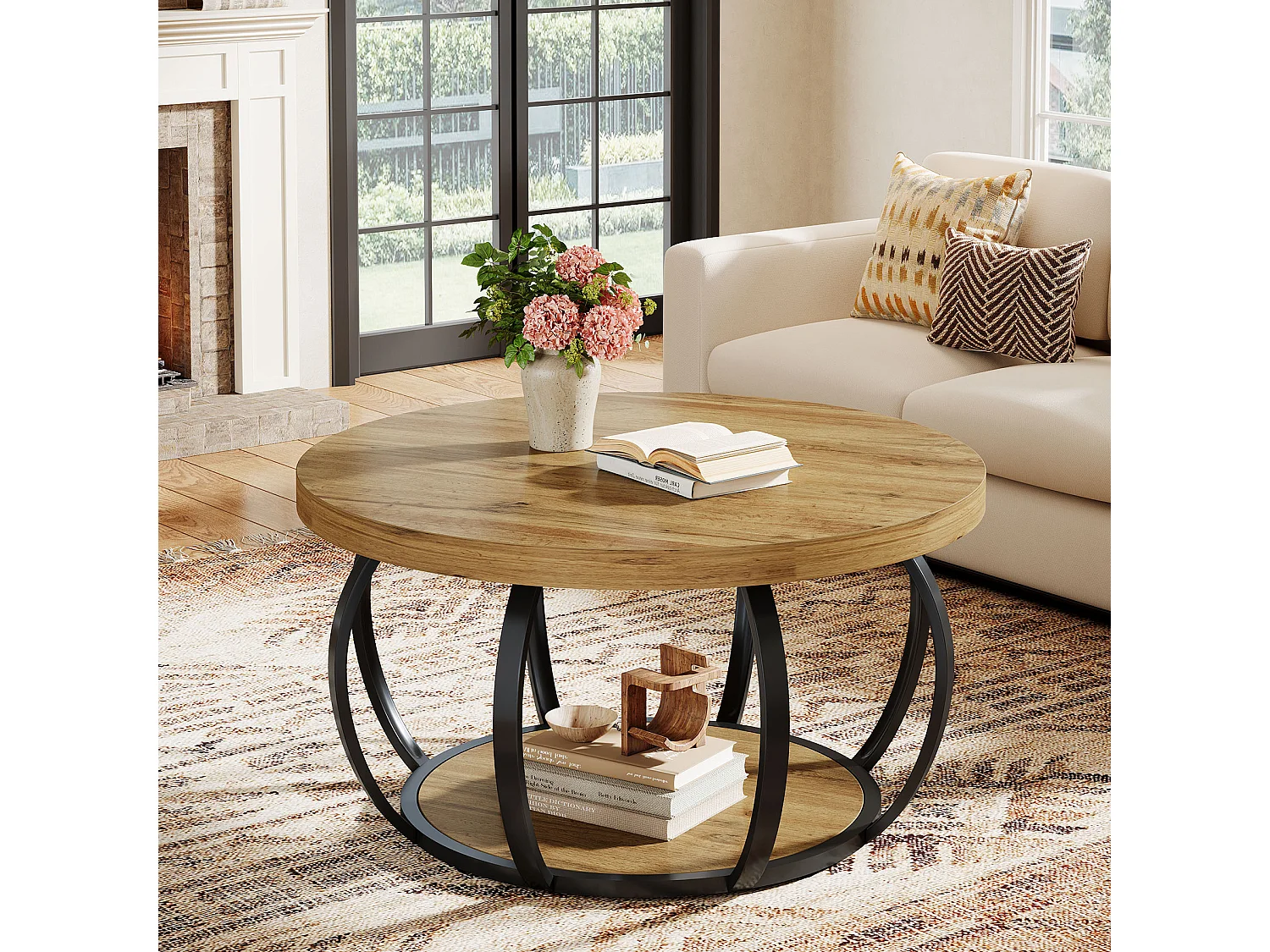 Table basse ronde, table basse industrielle à 2 niveaux avec étagères de rangement, table d'appoint moderne en bois pour canapé