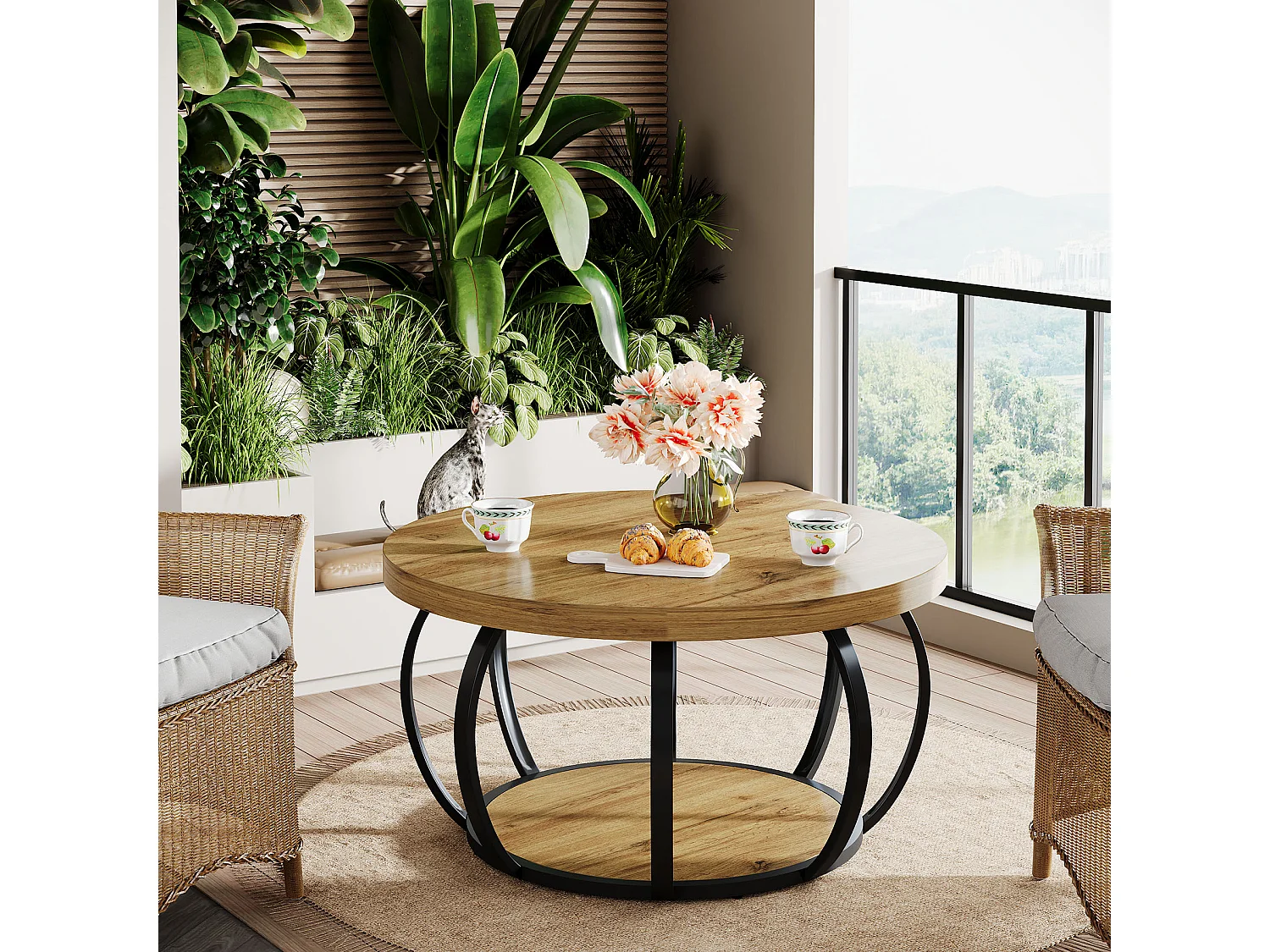 Table basse ronde, table basse industrielle à 2 niveaux avec étagères de rangement, table d'appoint moderne en bois pour canapé