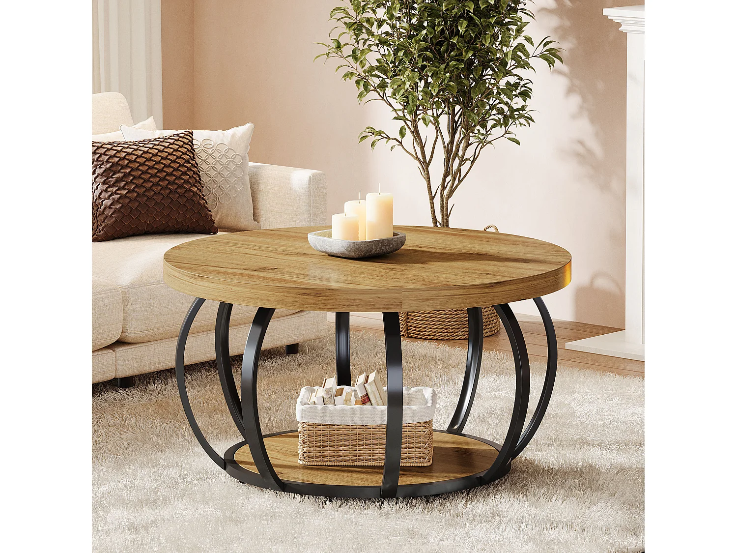 Table basse ronde, table basse industrielle à 2 niveaux avec étagères de rangement, table d'appoint moderne en bois pour canapé