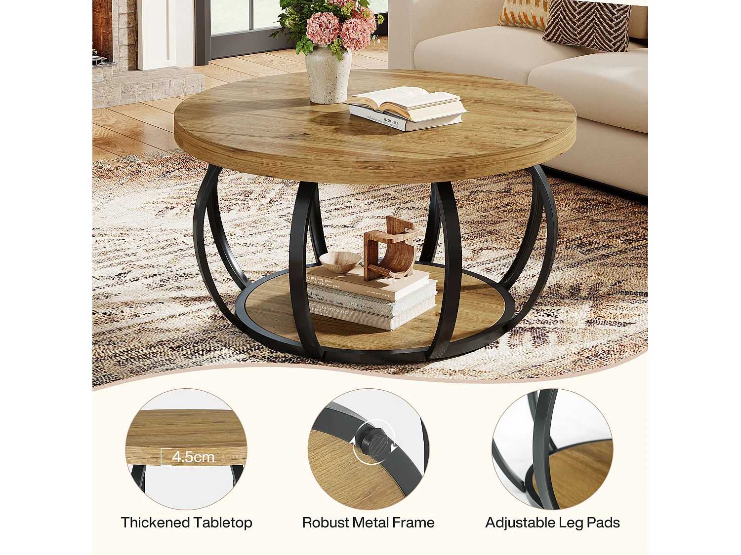 Table basse ronde, table basse industrielle à 2 niveaux avec étagères de rangement, table d'appoint moderne en bois pour canapé