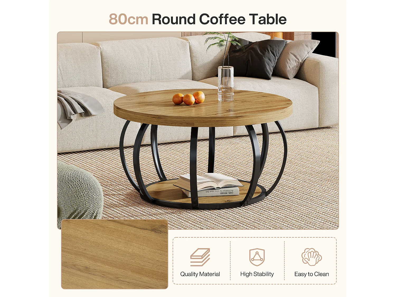 Table basse ronde, table basse industrielle à 2 niveaux avec étagères de rangement, table d'appoint moderne en bois pour canapé