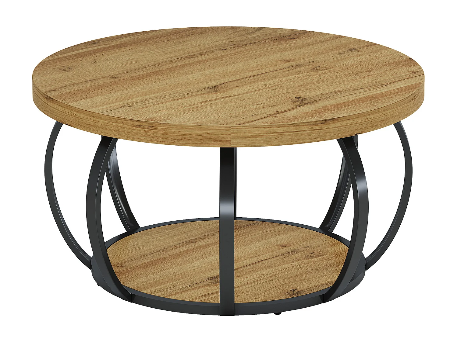 Table basse ronde, table basse industrielle à 2 niveaux avec étagères de rangement, table d'appoint moderne en bois pour canapé