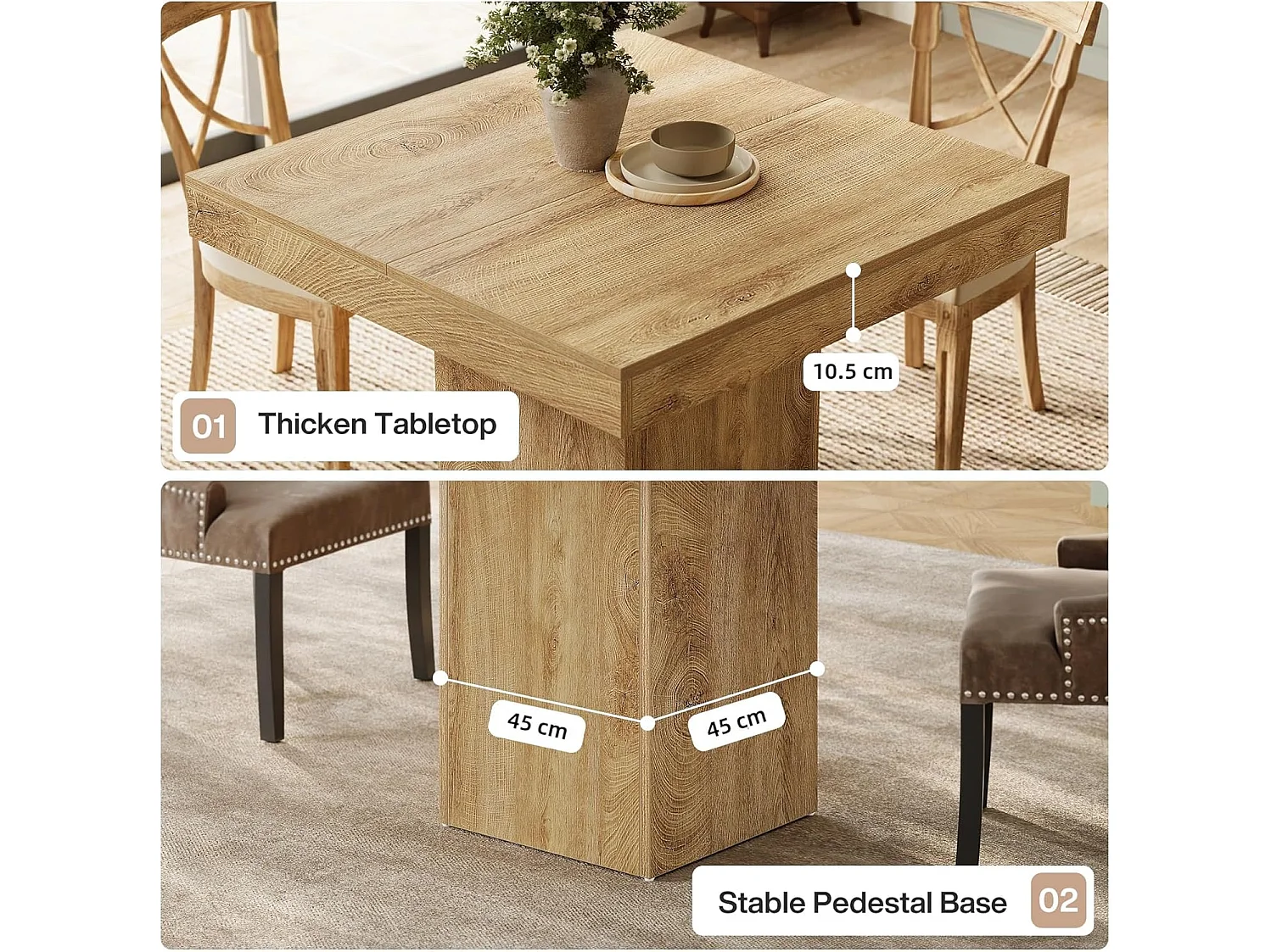 100 cm vierkante eettafel voor 4 personen, kleine landelijke keuken eettafel met stevige voet