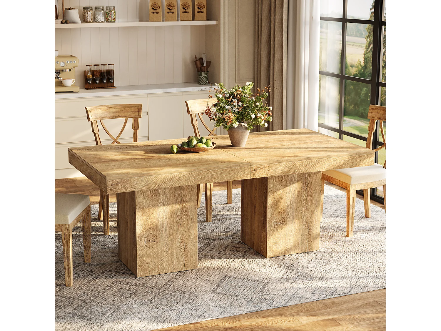 Table à manger carrée de 100 cm pour 4 personnes, petite table de cuisine de style campagnard avec base à piédestal robuste