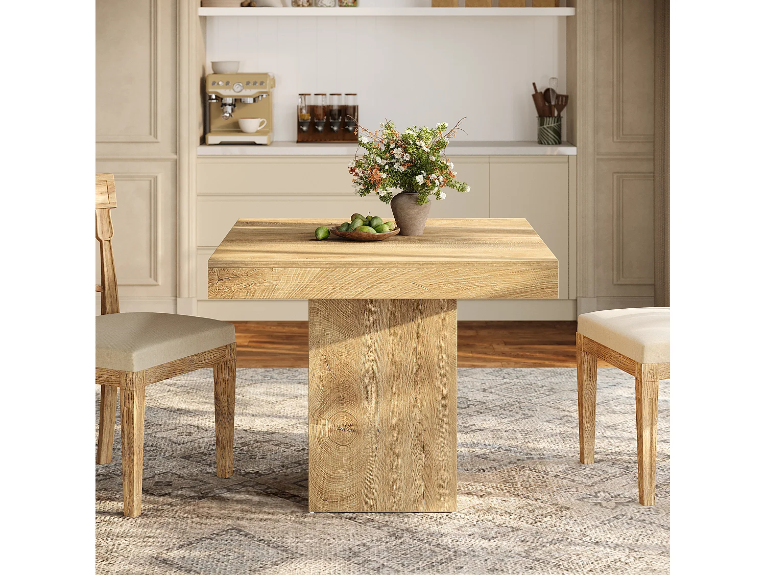 Table à manger carrée de 100 cm pour 4 personnes, petite table de cuisine de style campagnard avec base à piédestal robuste