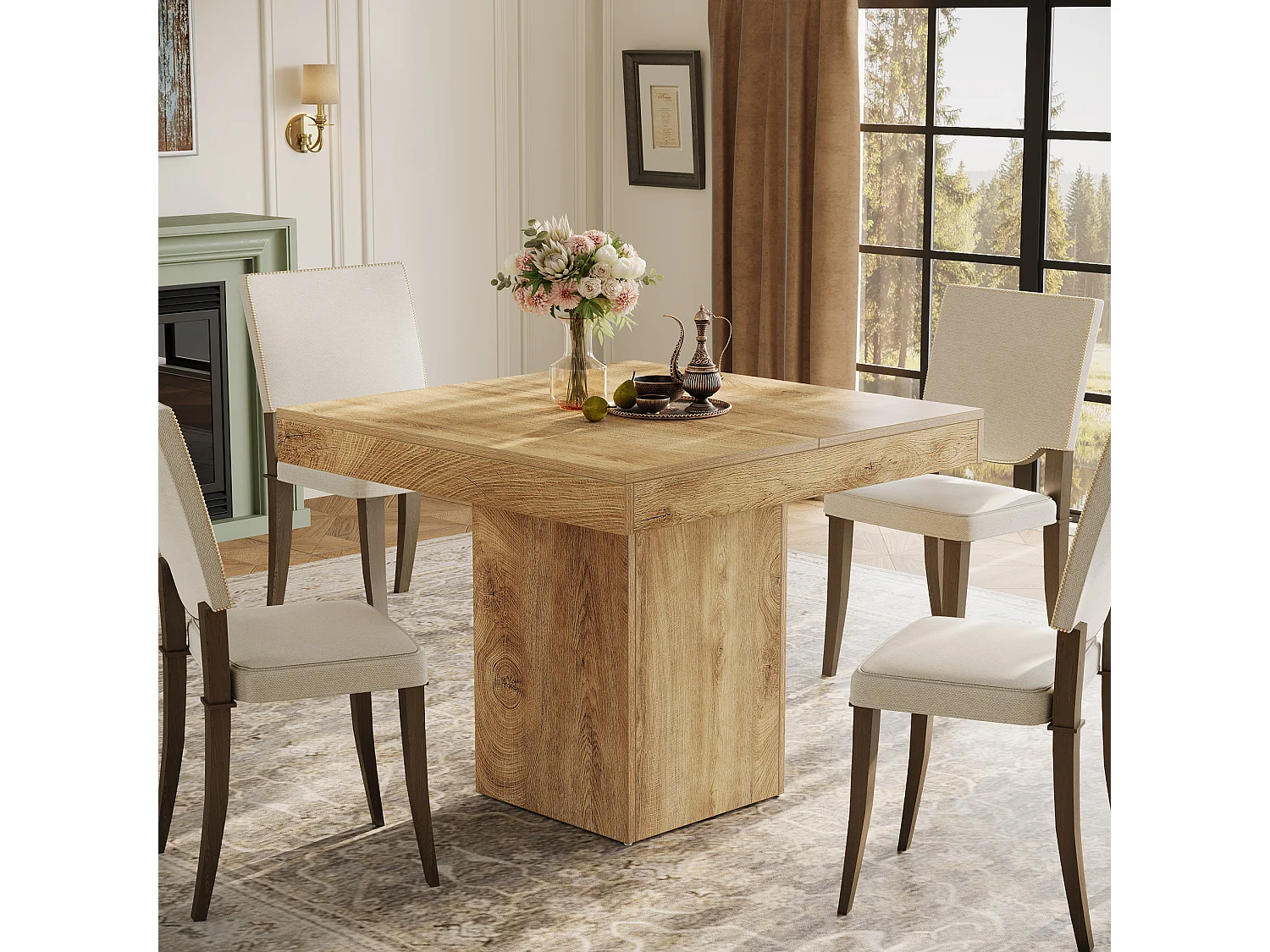 Table à manger carrée de 100 cm pour 4 personnes, petite table de cuisine de style campagnard avec base à piédestal robuste