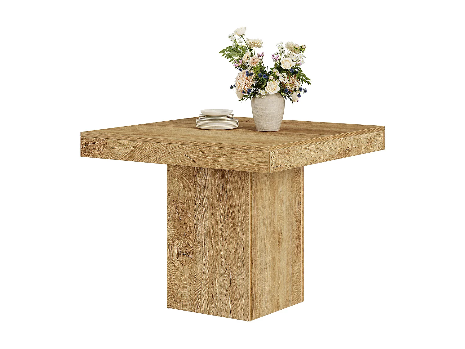 Table à manger carrée de 100 cm pour 4 personnes, petite table de cuisine de style campagnard avec base à piédestal robuste
