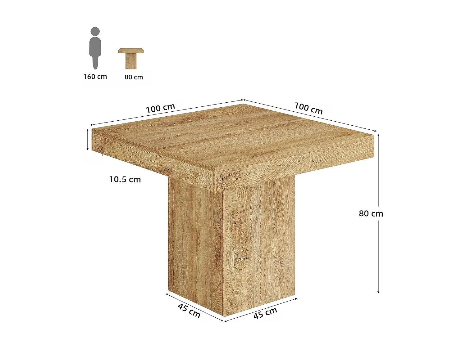 Table à manger carrée de 100 cm pour 4 personnes, petite table de cuisine de style campagnard avec base à piédestal robuste