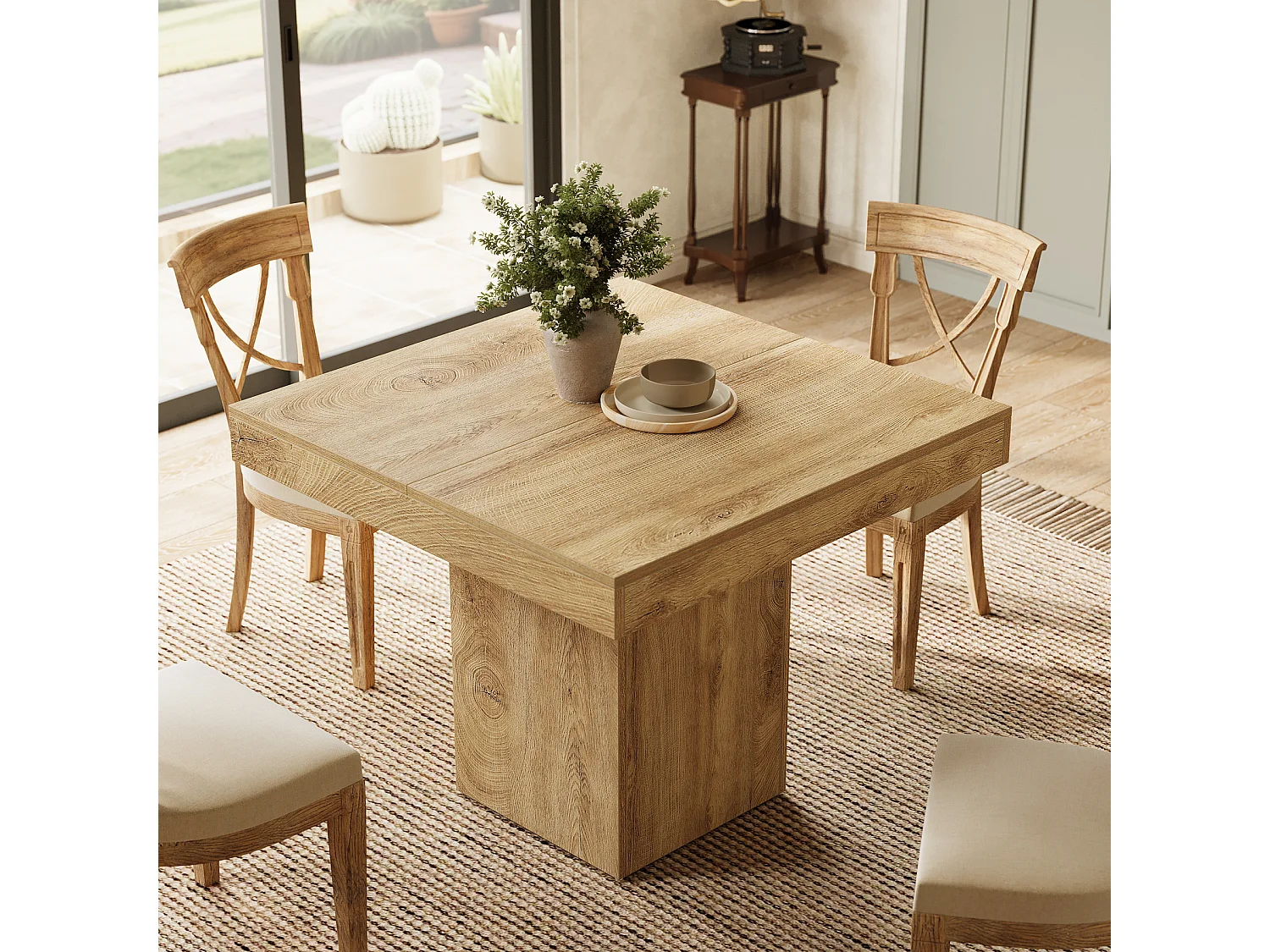 Table à manger carrée de 100 cm pour 4 personnes, petite table de cuisine de style campagnard avec base à piédestal robuste