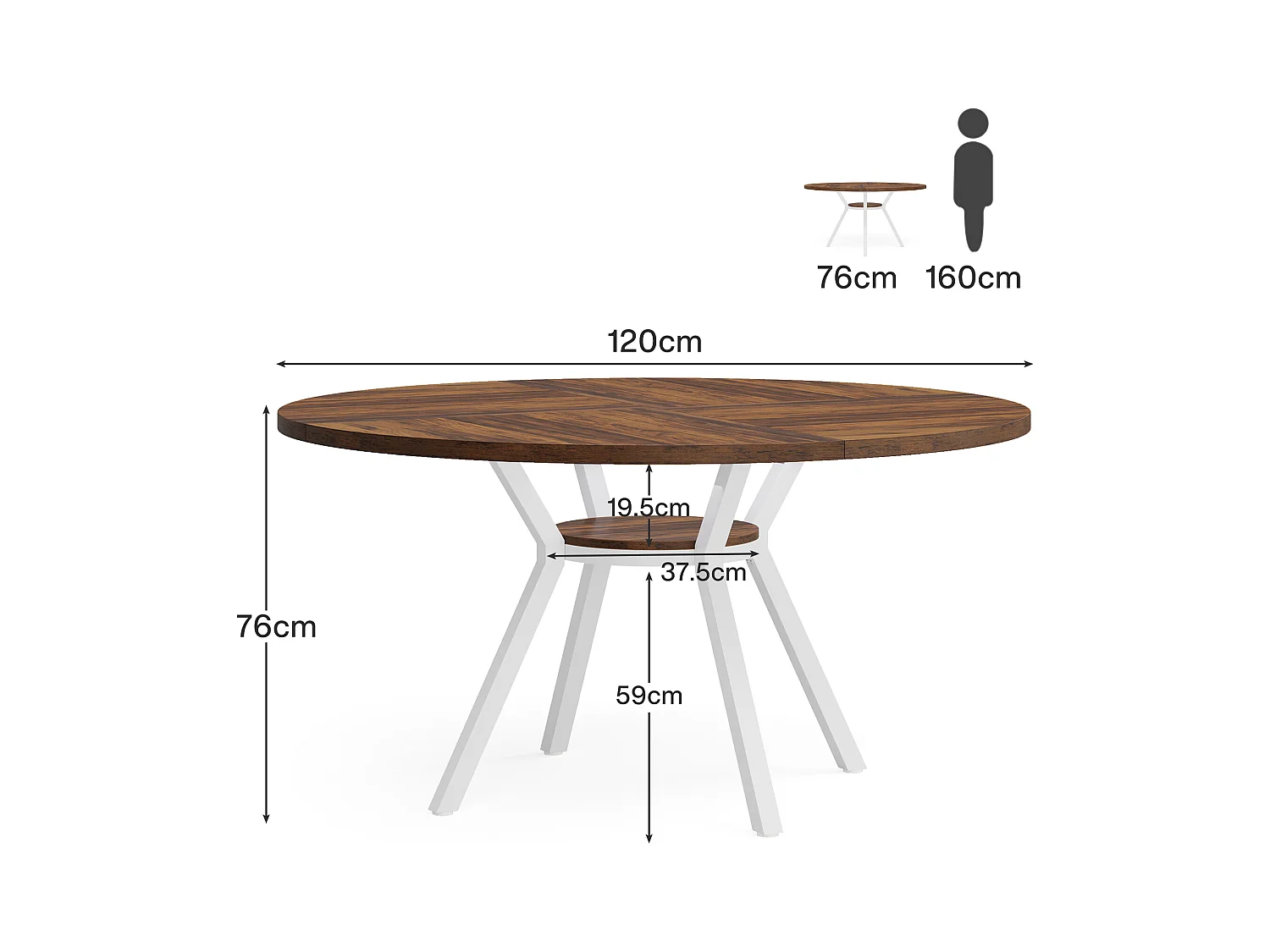 Table à manger ronde pour 4 personnes, table de salle à manger industrielle de 120 cm avec base en métal, table de cuisine