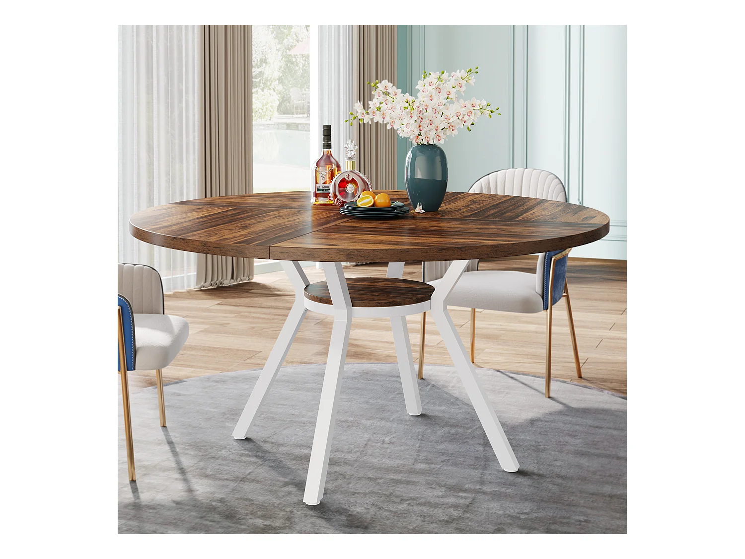 Table à manger ronde pour 4 personnes, table de salle à manger industrielle de 120 cm avec base en métal, table de cuisine