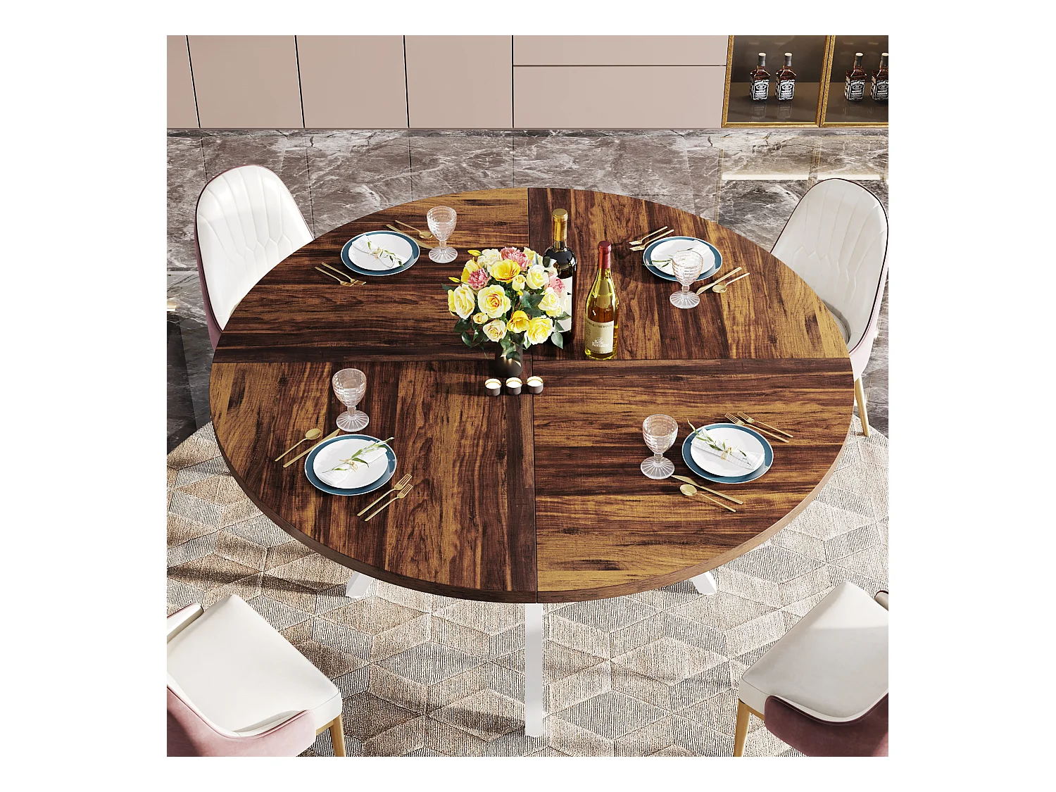 Table à manger ronde pour 4 personnes, table de salle à manger industrielle de 120 cm avec base en métal, table de cuisine