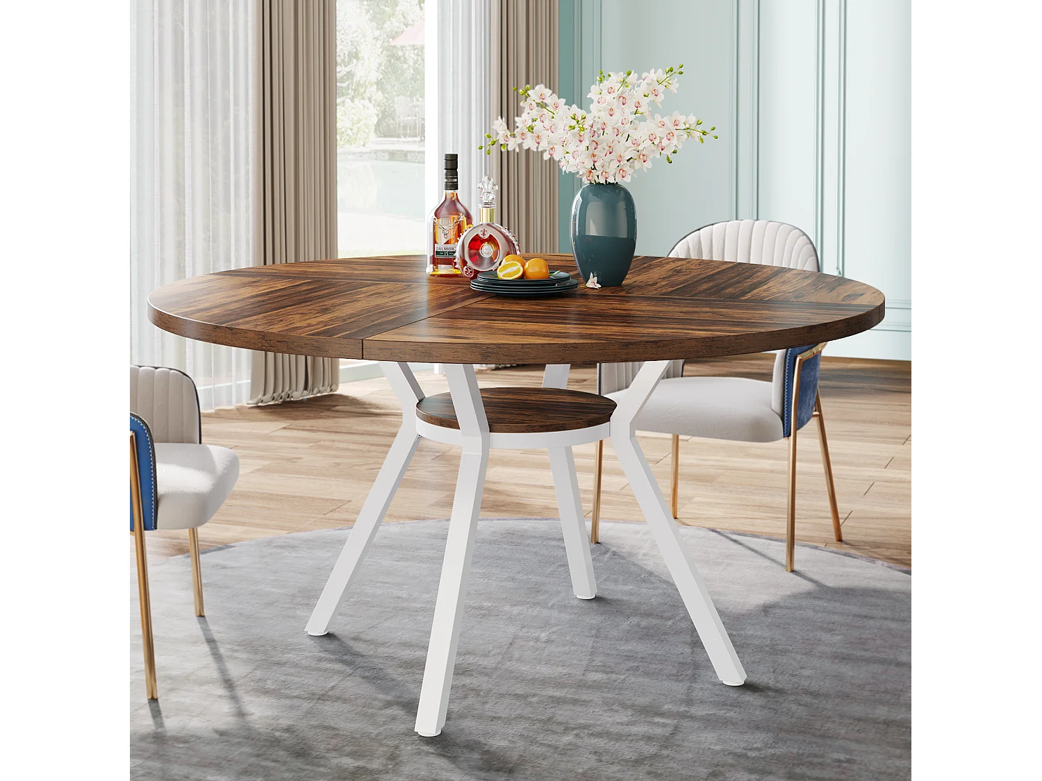 Table à manger ronde pour 4 personnes, table de salle à manger industrielle de 120 cm avec base en métal, table de cuisine