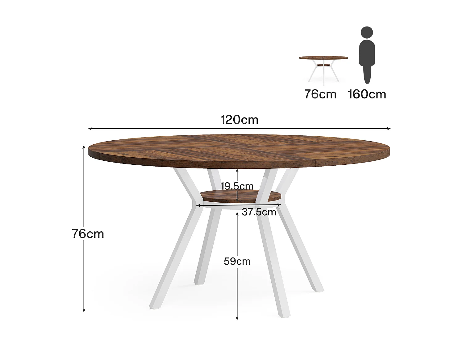 Table à manger ronde pour 4 personnes, table de salle à manger industrielle de 120 cm avec base en métal, table de cuisine