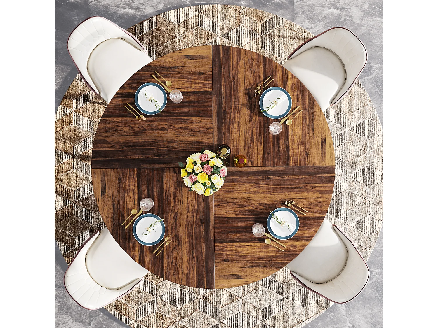 Table à manger ronde pour 4 personnes, table de salle à manger industrielle de 120 cm avec base en métal, table de cuisine