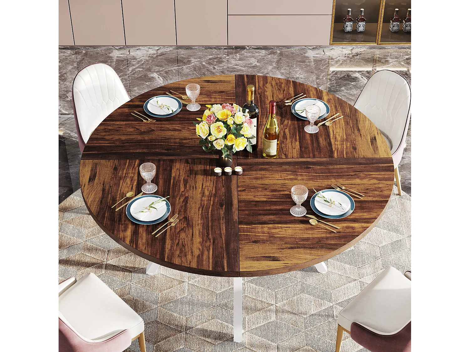 Table à manger ronde pour 4 personnes, table de salle à manger industrielle de 120 cm avec base en métal, table de cuisine