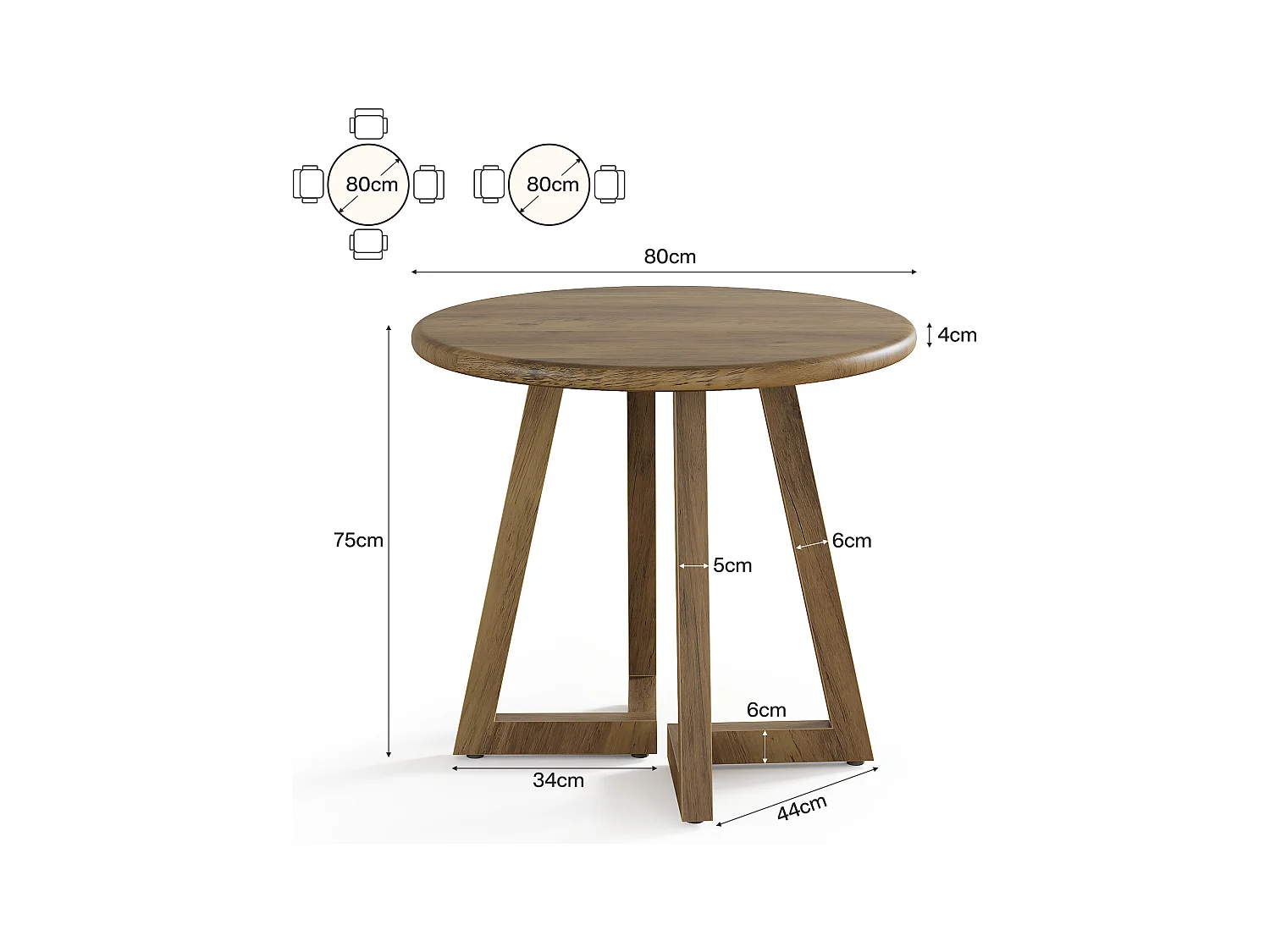 Petite table ronde pour 2 à 4 personnes, table de cuisine de 80 cm pour salle à manger et salon, marron (table seule)