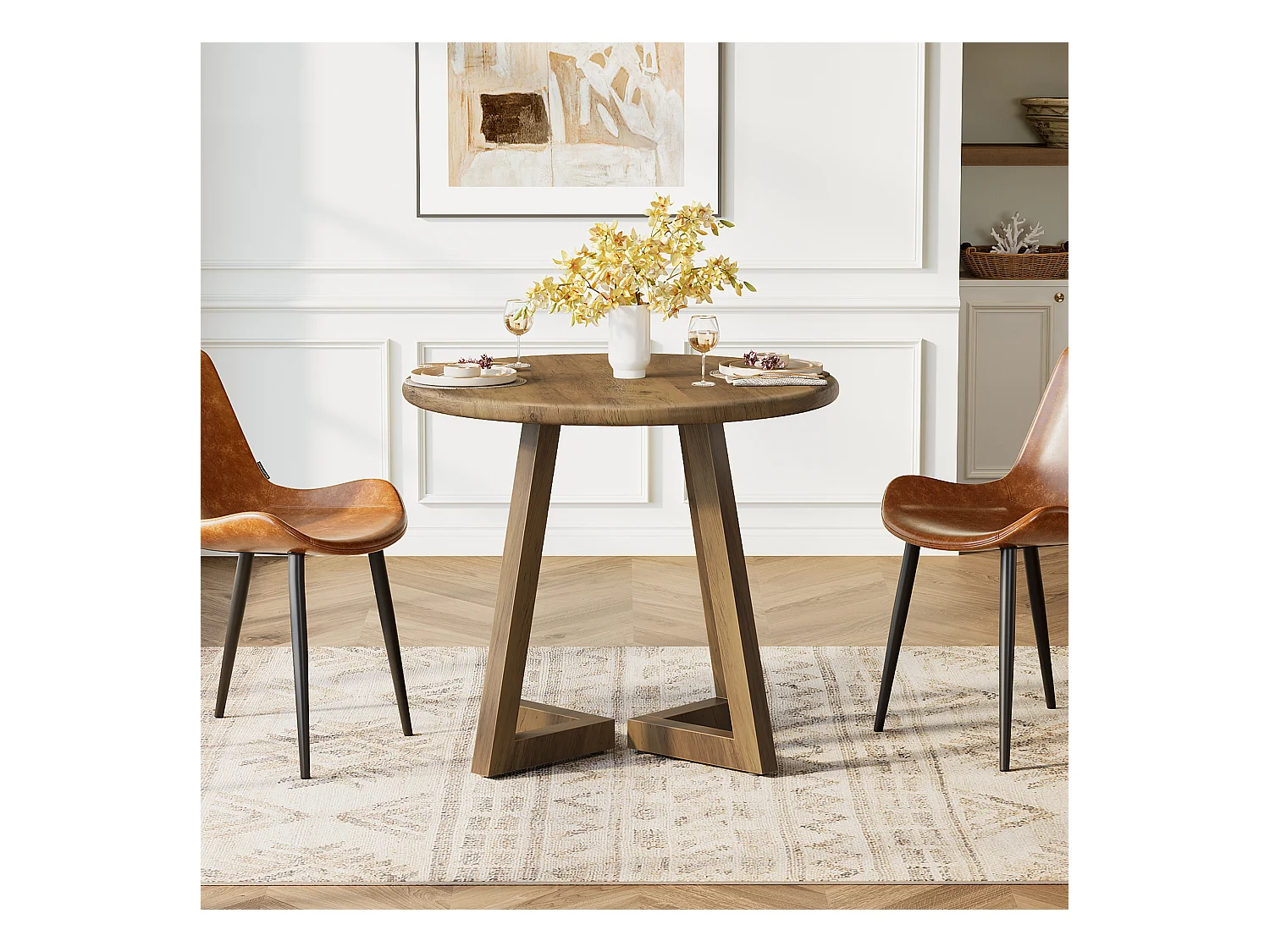 Petite table ronde pour 2 à 4 personnes, table de cuisine de 80 cm pour salle à manger et salon, marron (table seule)