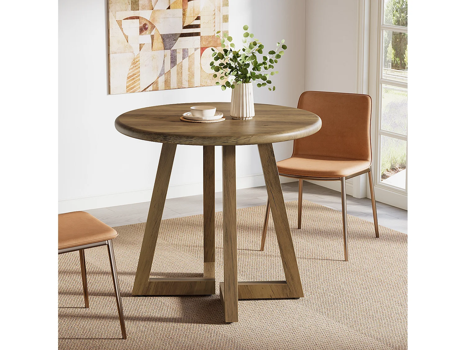 Kleine ronde eettafel voor 2-4 personen, 80 cm keukentafel voor eetkamer, woonkamer, bruin (alleen tafel)