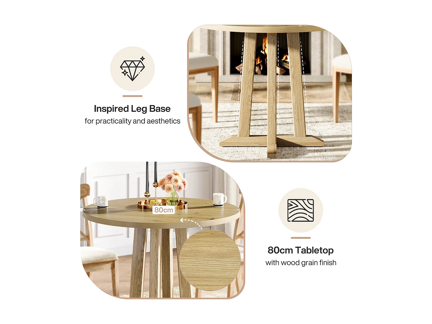 Ronde eettafel voor 2-4 personen, ronde keukentafel, 80 cm landelijke eetkamertafels, rustiek bruin