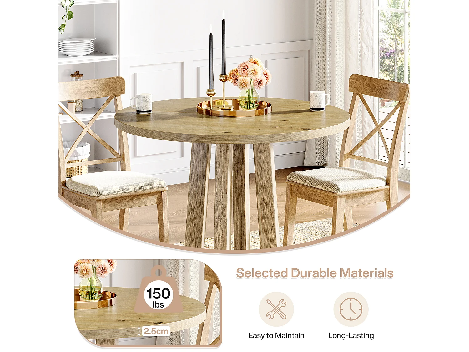 Ronde eettafel voor 2-4 personen, ronde keukentafel, 80 cm landelijke eetkamertafels, rustiek bruin