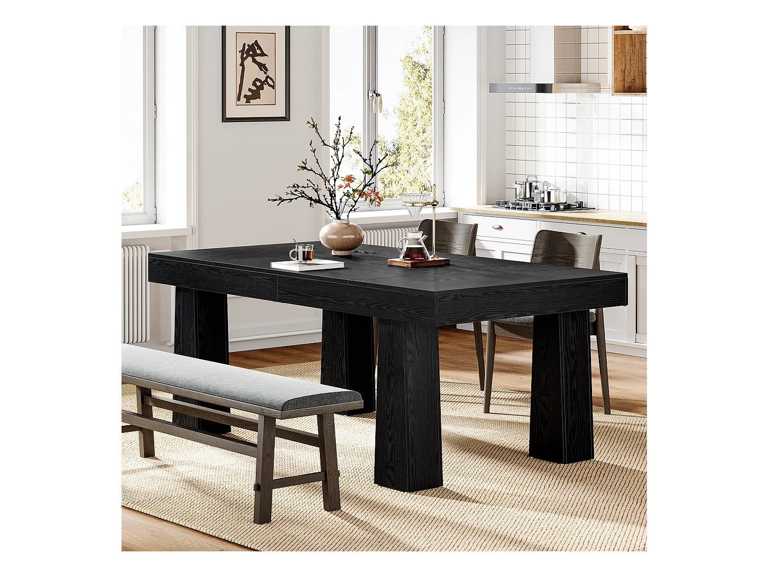 Table à manger de 160 cm, table de cuisine rectangulaire moderne avec pieds fuselés robustes, table de salle à manger professionnelle noire