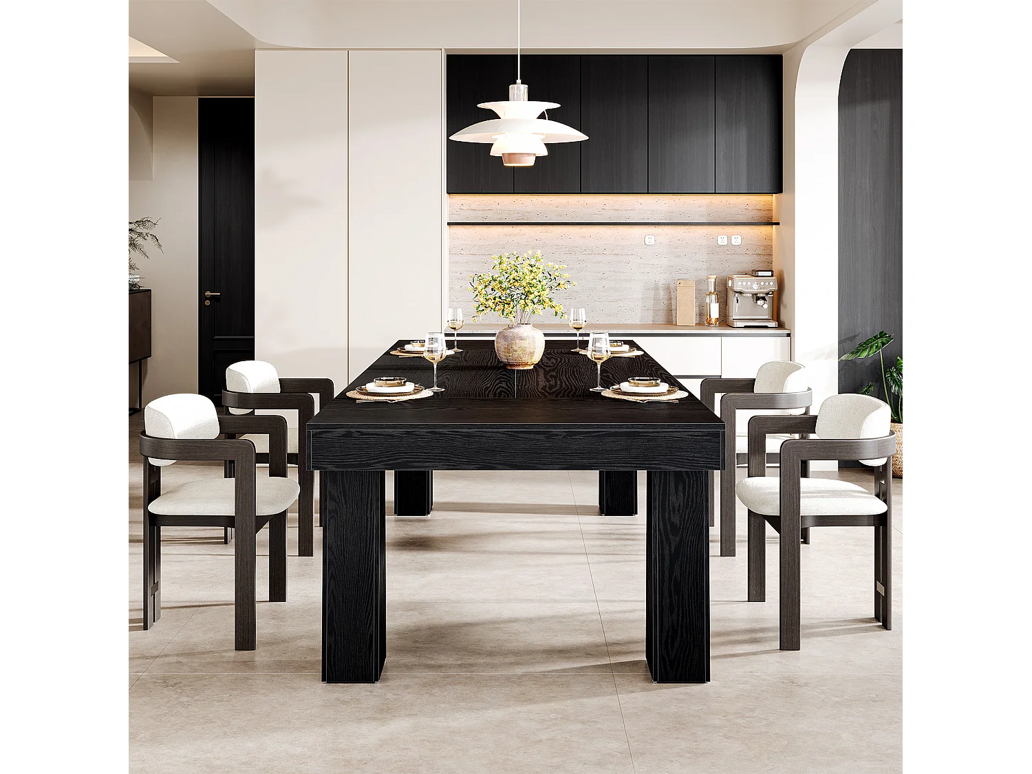 Table à manger de 160 cm, table de cuisine rectangulaire moderne avec pieds fuselés robustes, table de salle à manger professionnelle noire