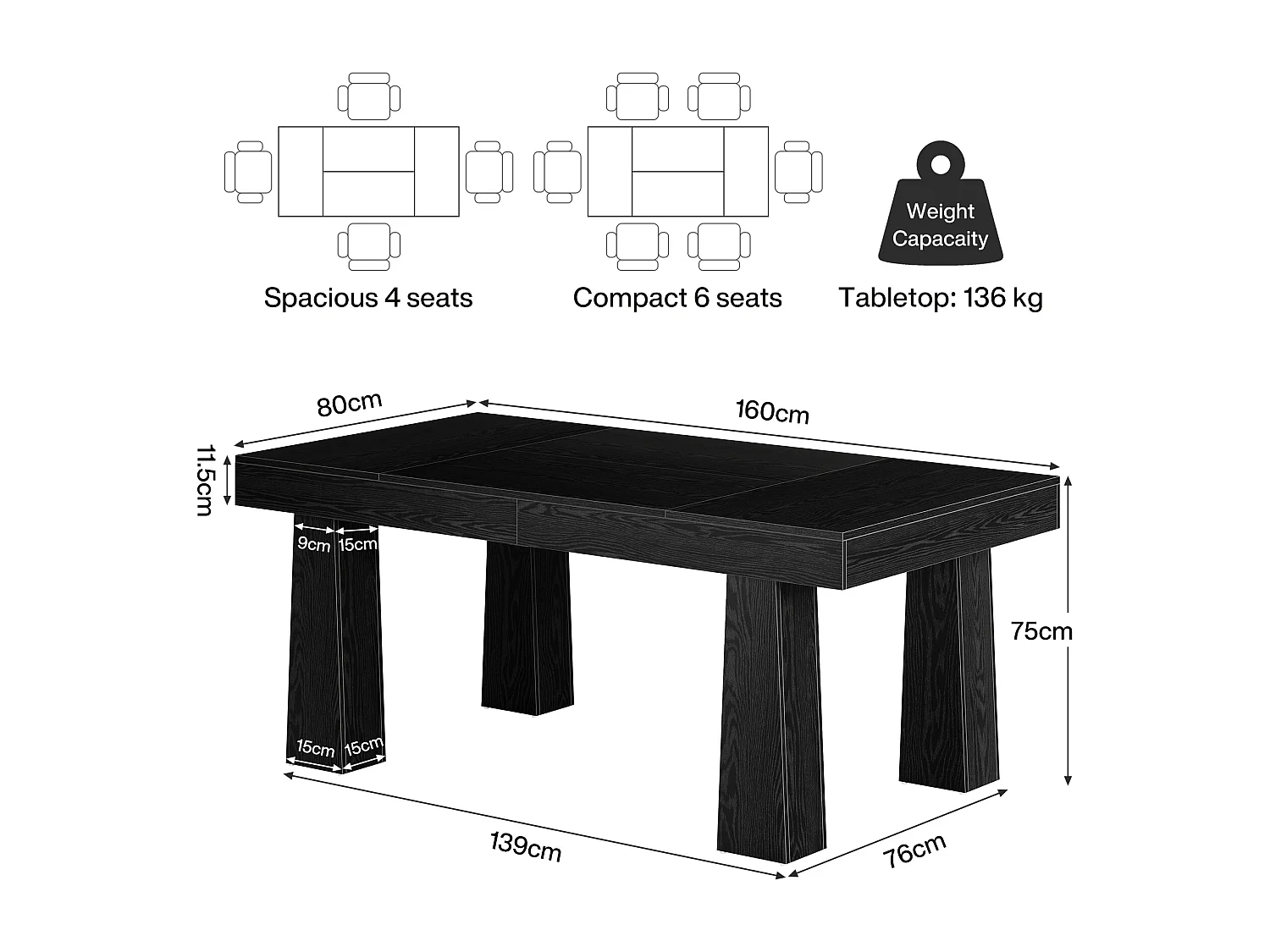 Eettafel 160 cm, moderne rechthoekige keukentafel met robuuste taps toelopende poten, zwarte zakelijke eettafel