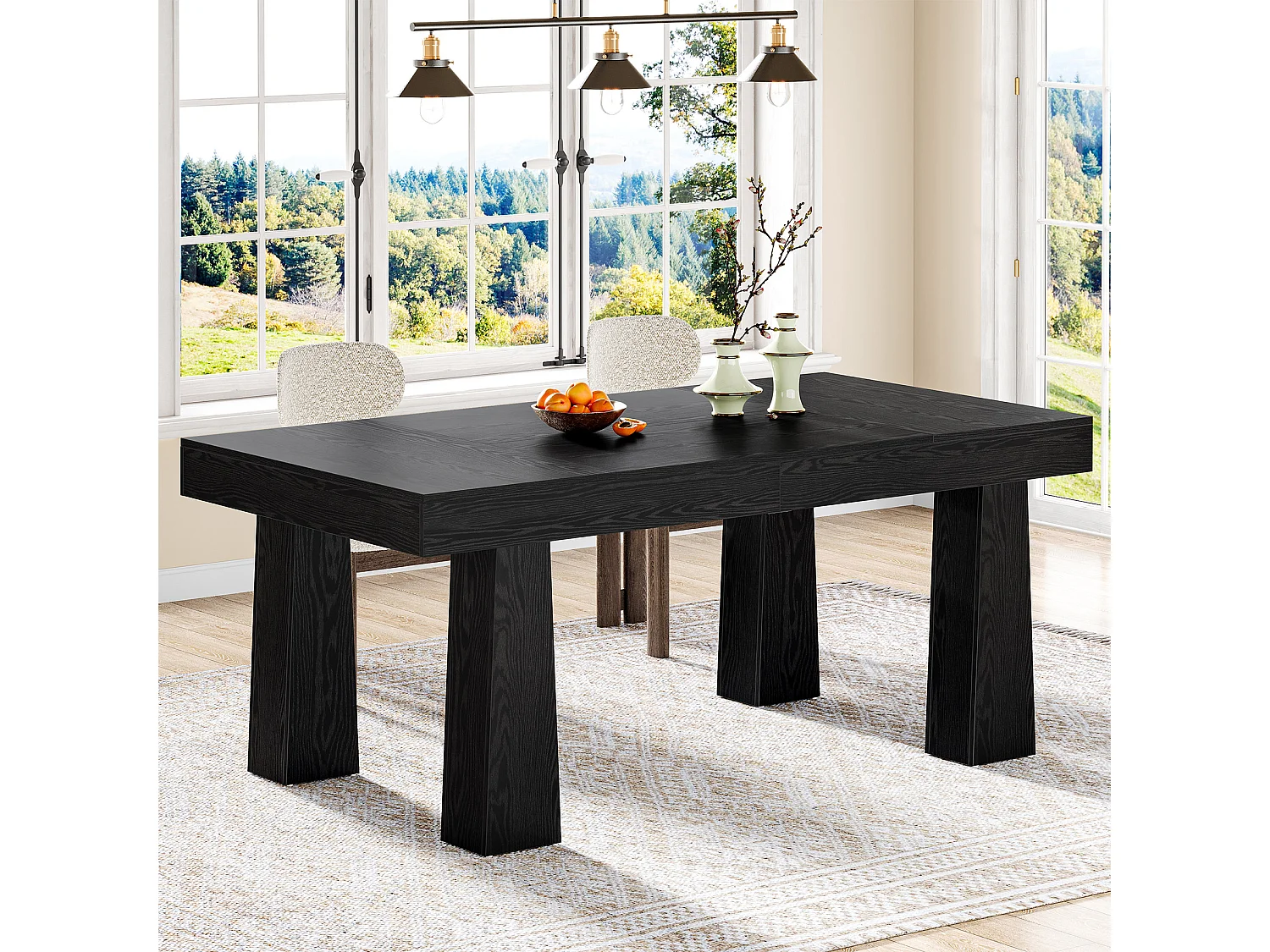 Eettafel 160 cm, moderne rechthoekige keukentafel met robuuste taps toelopende poten, zwarte zakelijke eettafel