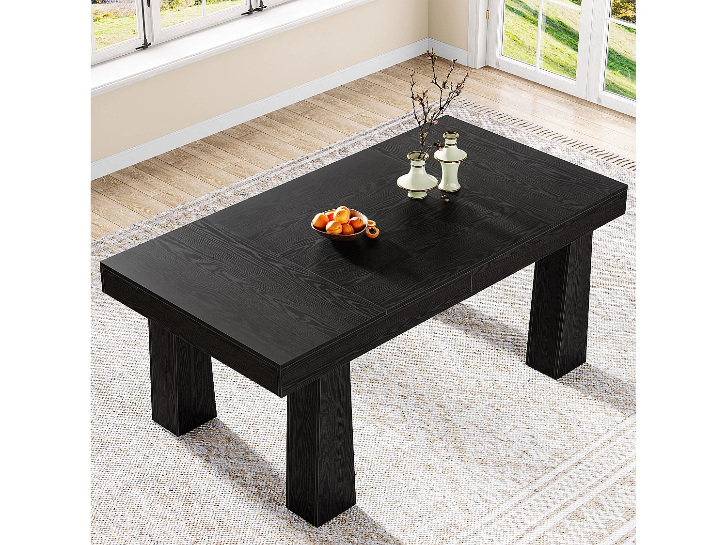 Eettafel 160 cm, moderne rechthoekige keukentafel met robuuste taps toelopende poten, zwarte zakelijke eettafel