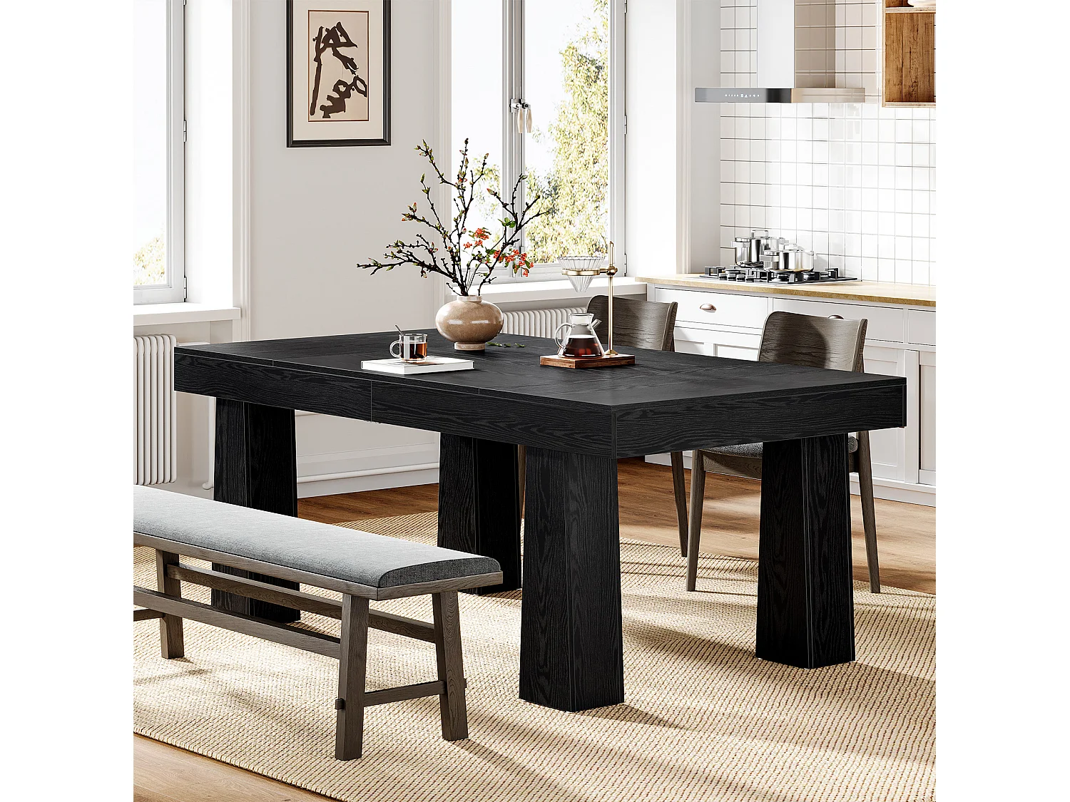 Eettafel 160 cm, moderne rechthoekige keukentafel met robuuste taps toelopende poten, zwarte zakelijke eettafel