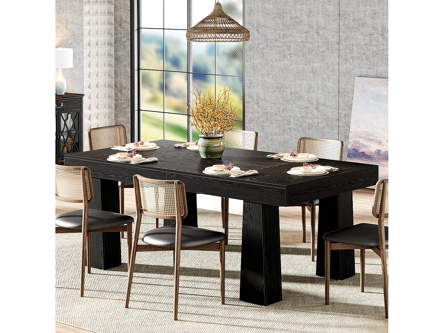 Eettafel 160 cm, moderne rechthoekige keukentafel met robuuste taps toelopende poten, zwarte zakelijke eettafel