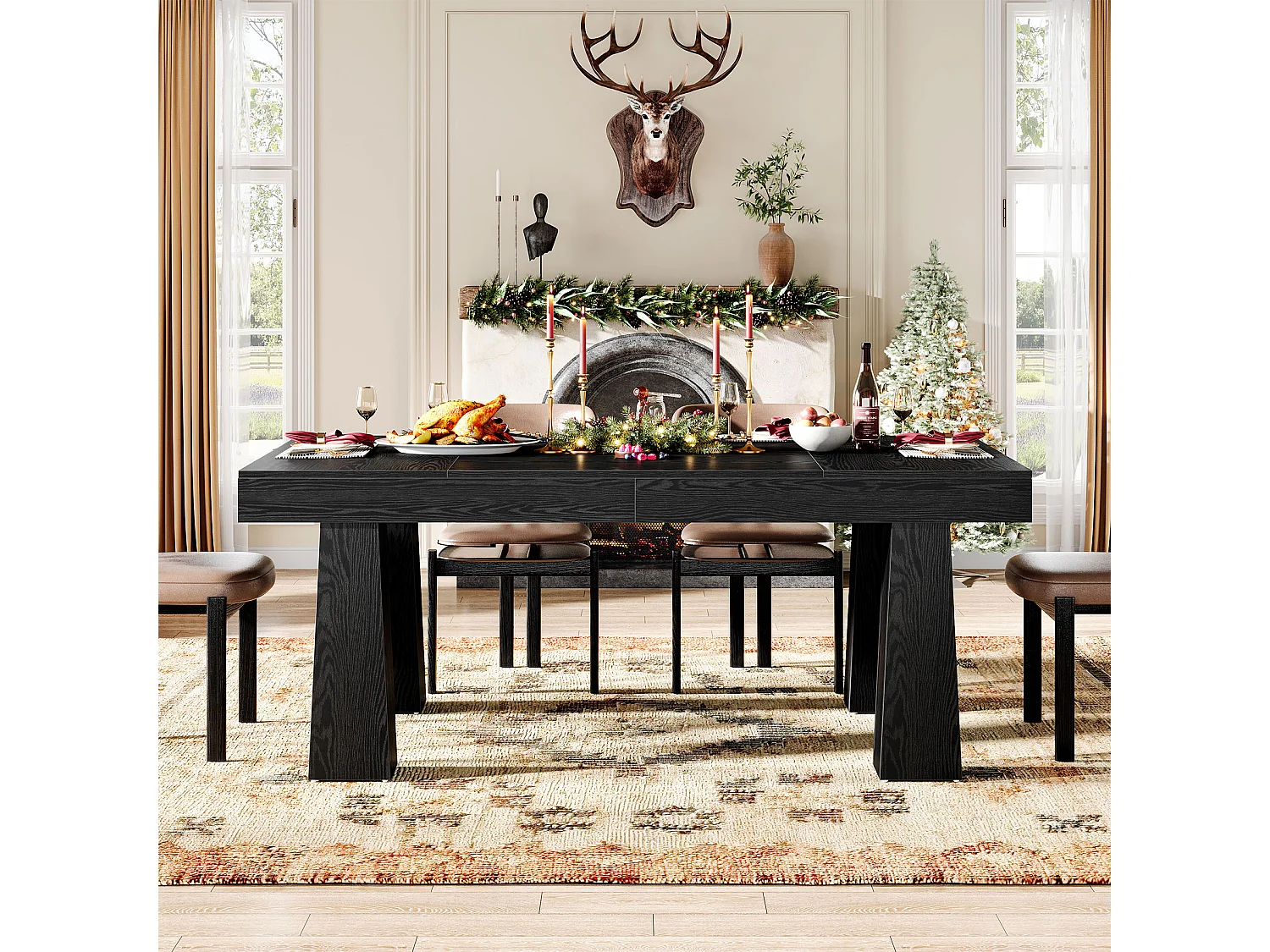 Eettafel 160 cm, moderne rechthoekige keukentafel met robuuste taps toelopende poten, zwarte zakelijke eettafel