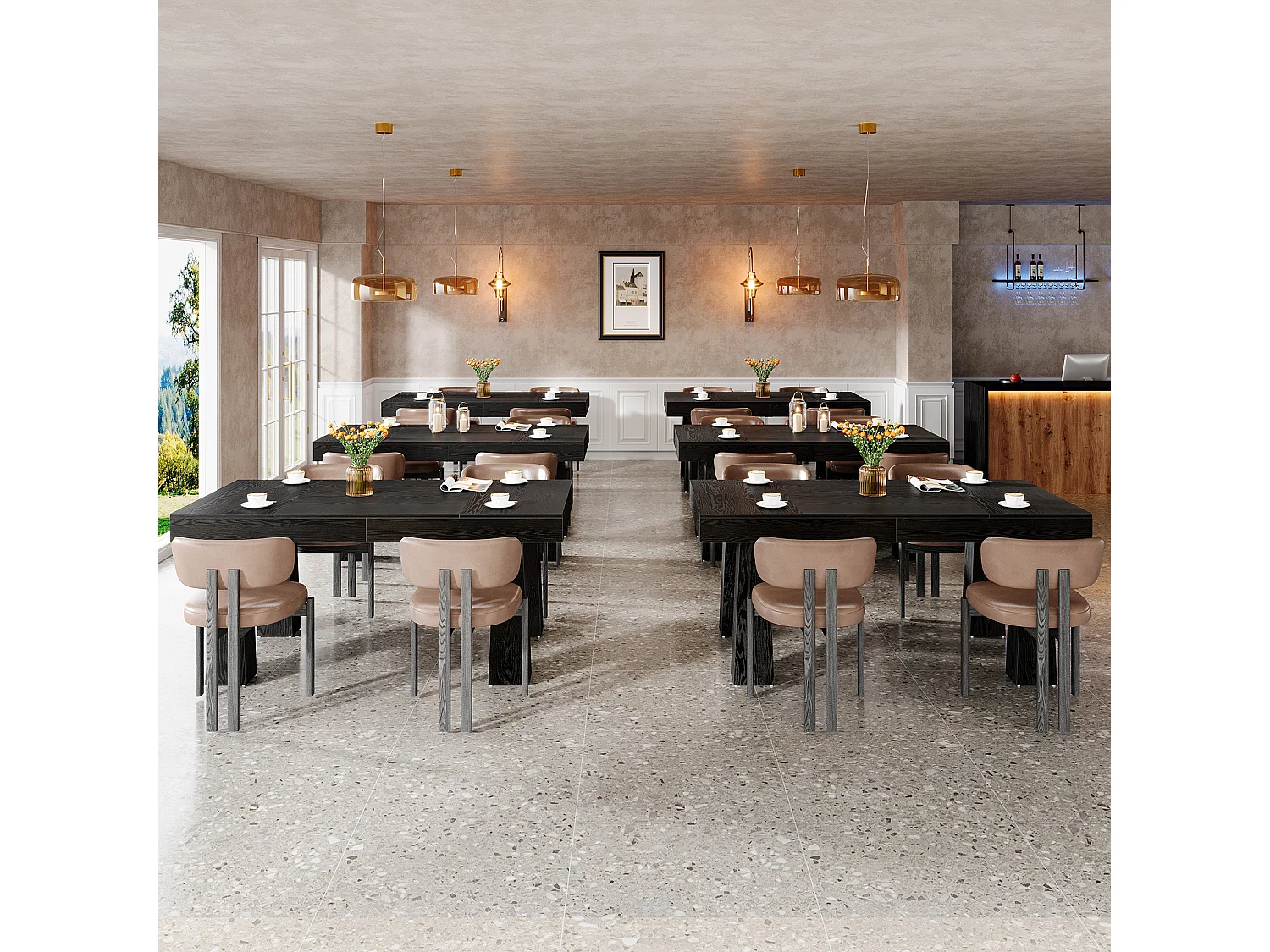 Eettafel 160 cm, moderne rechthoekige keukentafel met robuuste taps toelopende poten, zwarte zakelijke eettafel