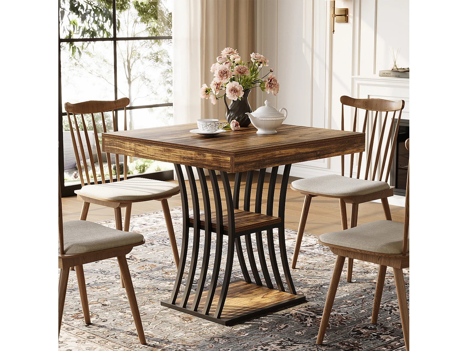 Vierkante eettafel van 80 cm voor 2 personen, industriële keukentafel met 2 niveaus en opbergruimte