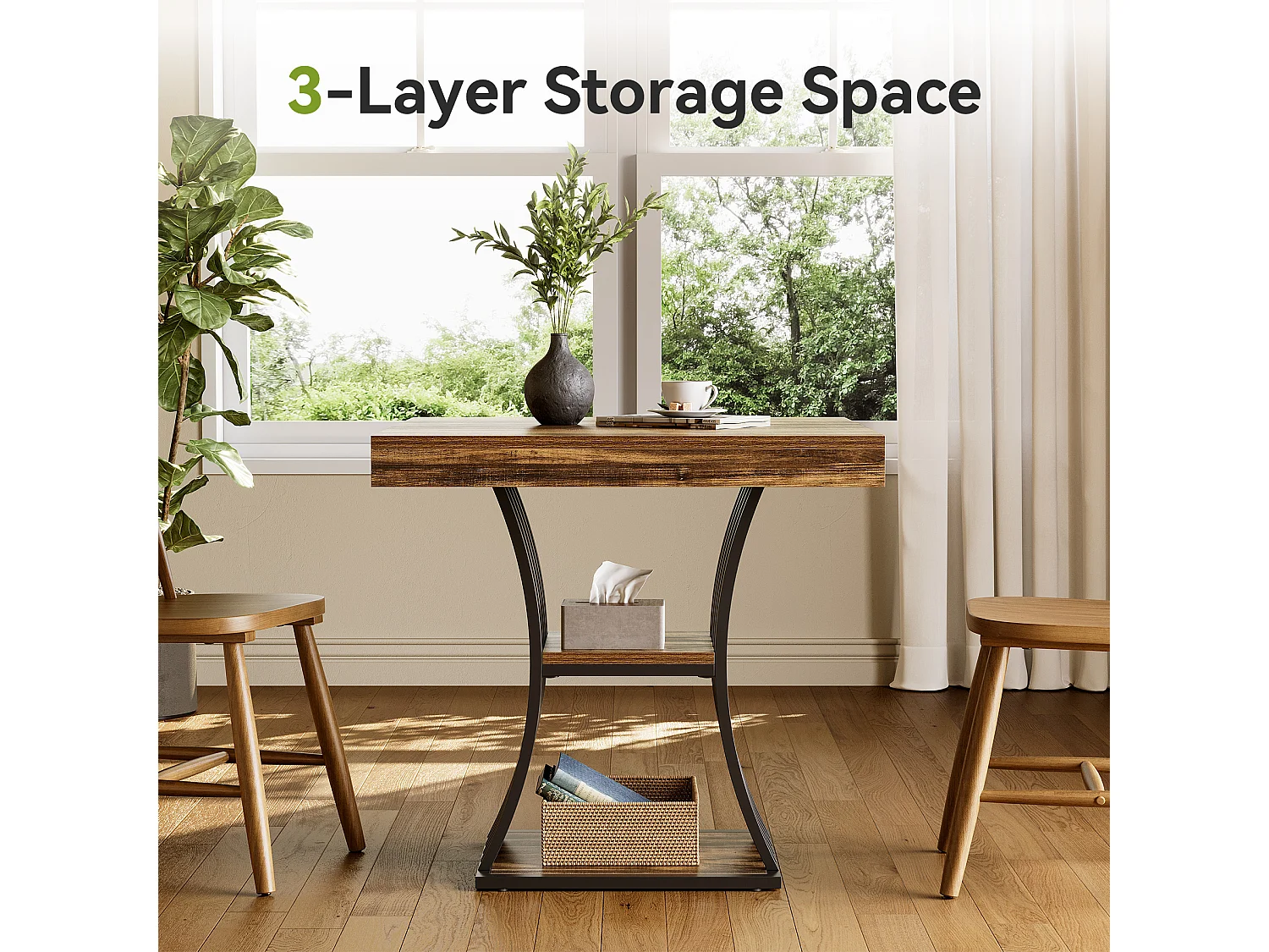 Vierkante eettafel van 80 cm voor 2 personen, industriële keukentafel met 2 niveaus en opbergruimte