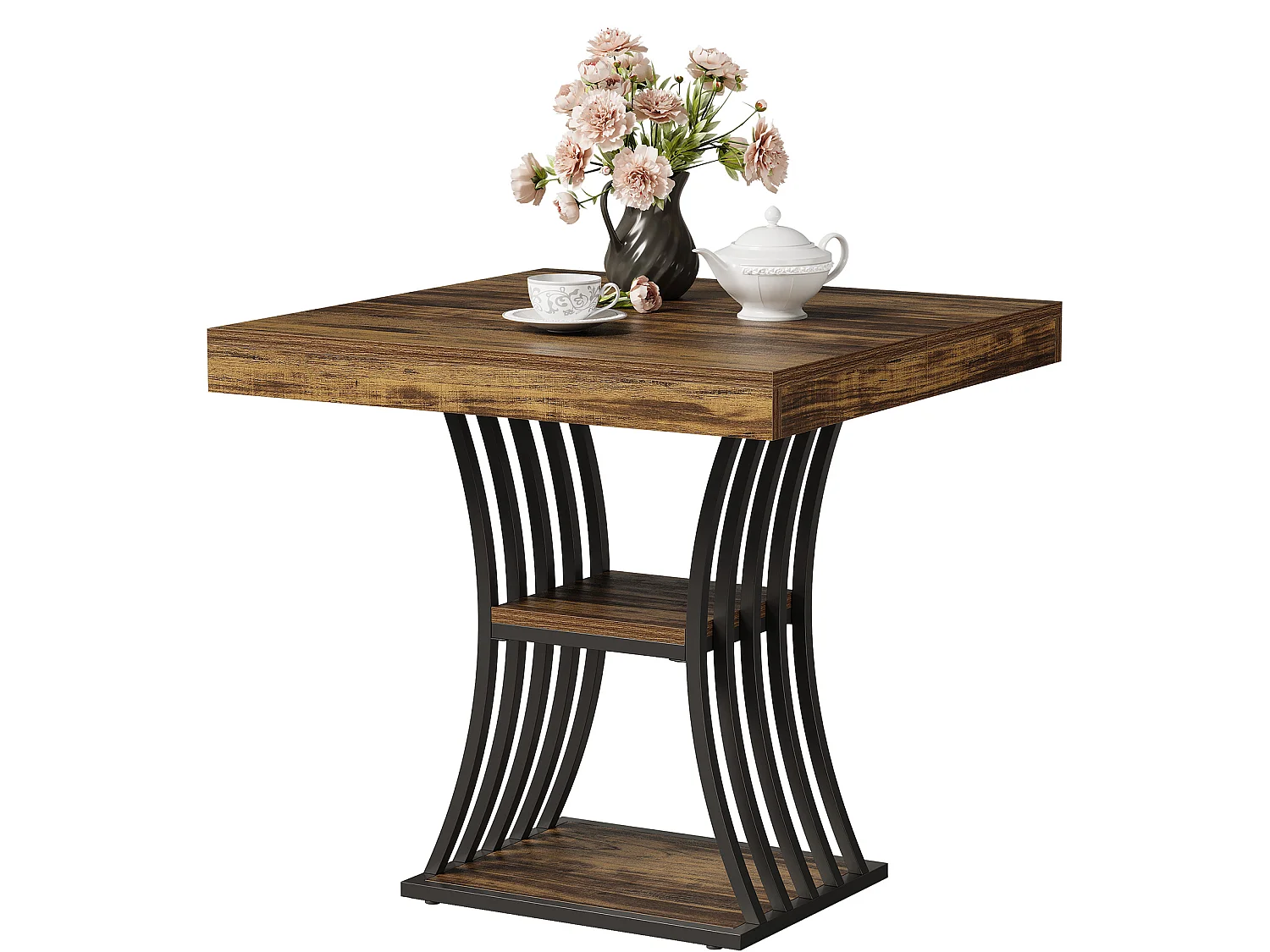 Table à manger carrée de 80 cm pour 2 personnes, table de cuisine industrielle à 2 niveaux avec rangement