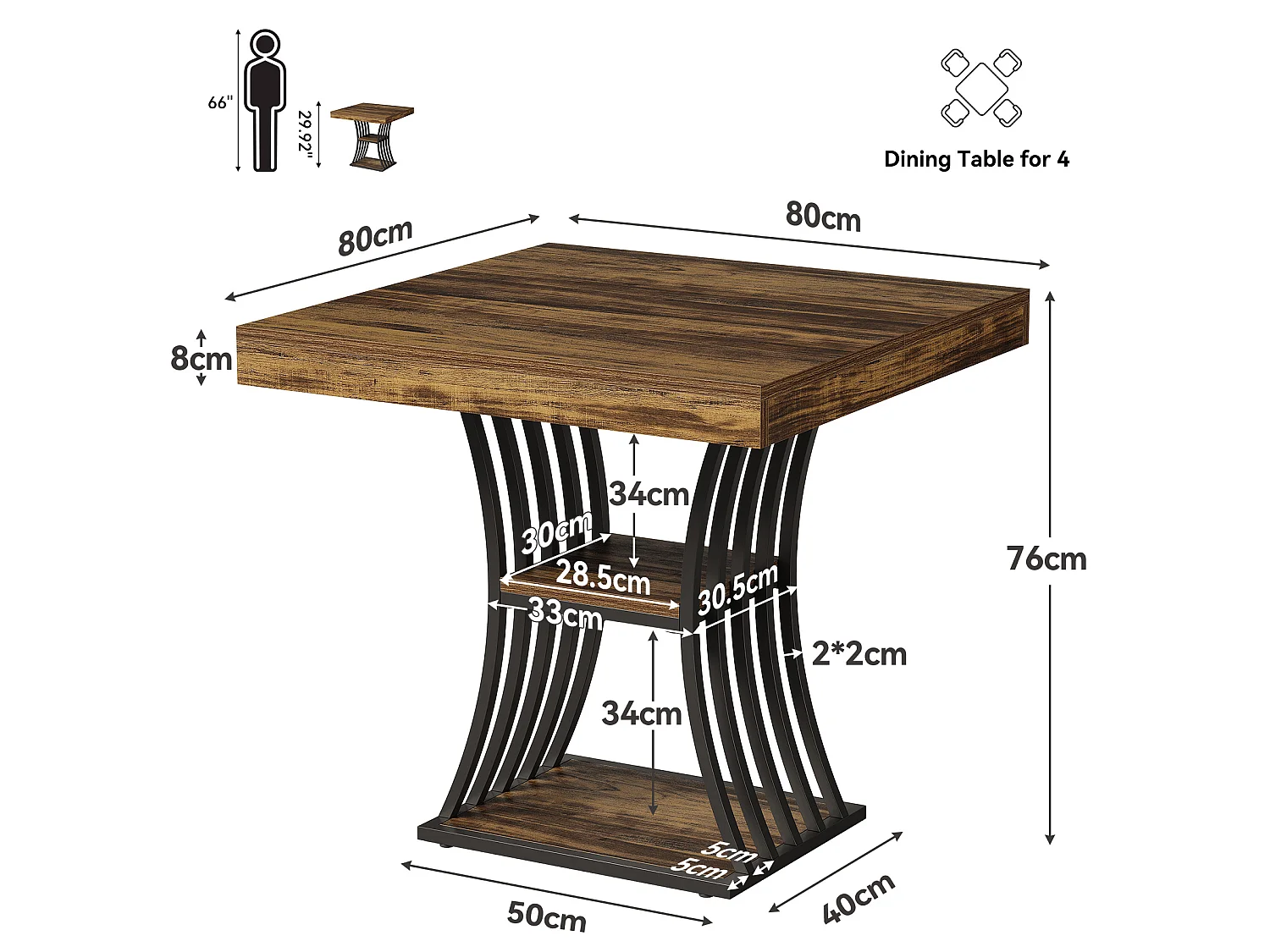 Table à manger carrée de 80 cm pour 2 personnes, table de cuisine industrielle à 2 niveaux avec rangement