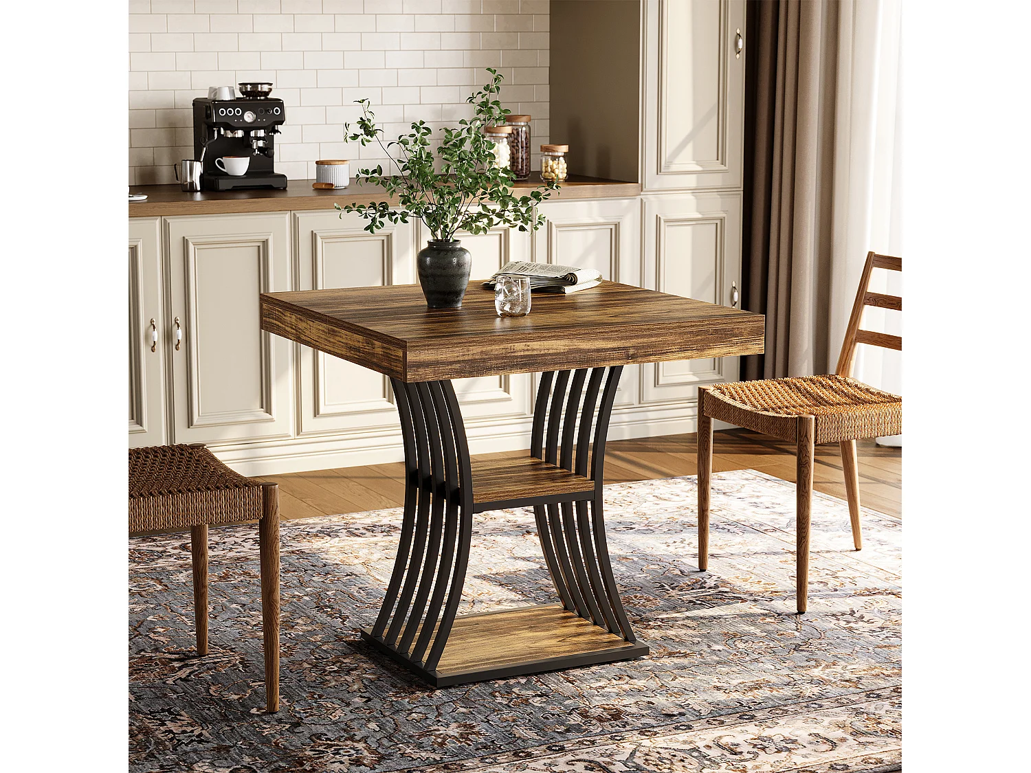 Table à manger carrée de 80 cm pour 2 personnes, table de cuisine industrielle à 2 niveaux avec rangement