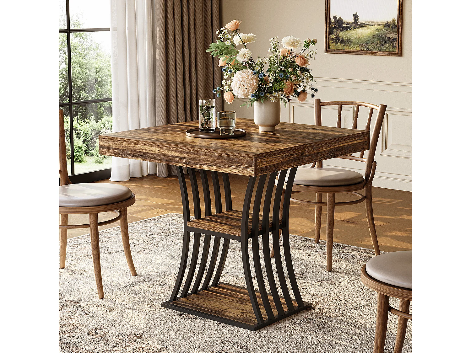 Table à manger carrée de 80 cm pour 2 personnes, table de cuisine industrielle à 2 niveaux avec rangement