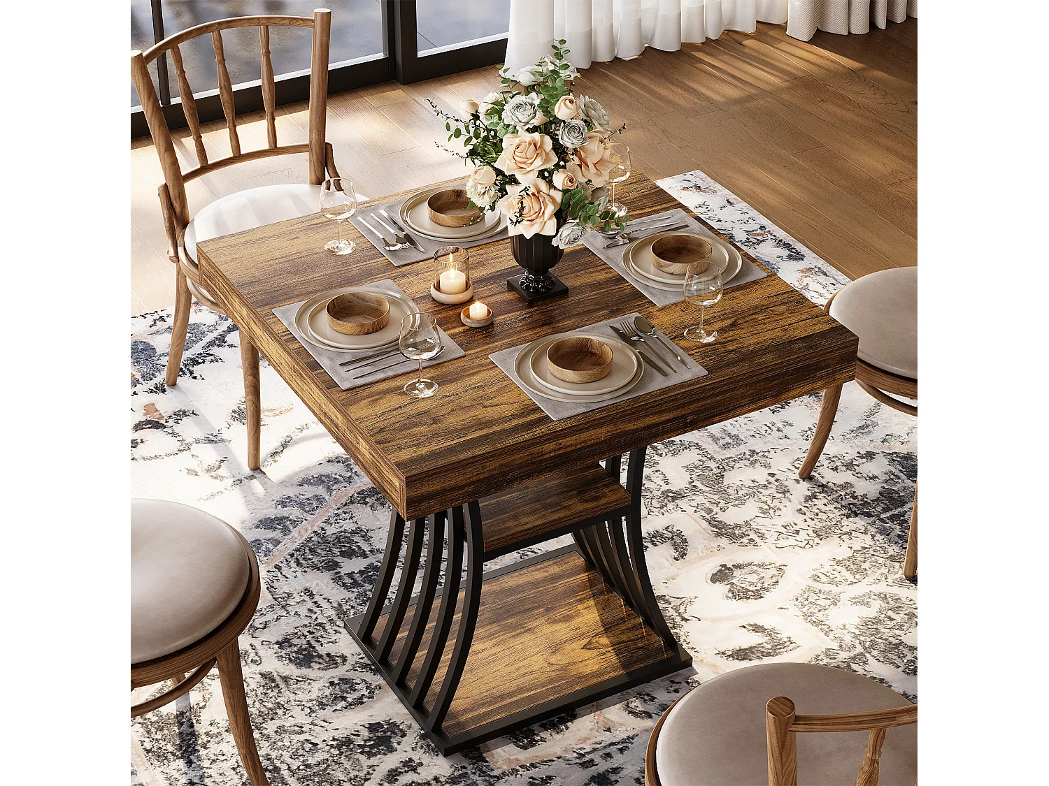 Table à manger carrée de 80 cm pour 2 personnes, table de cuisine industrielle à 2 niveaux avec rangement