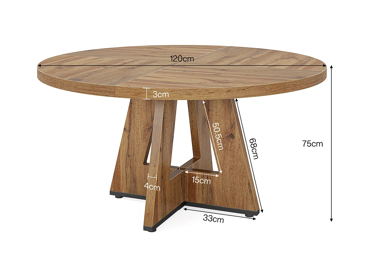 Table à manger de style campagnard, table ronde de 120 cm pour 4 personnes, table de salle à manger rustique