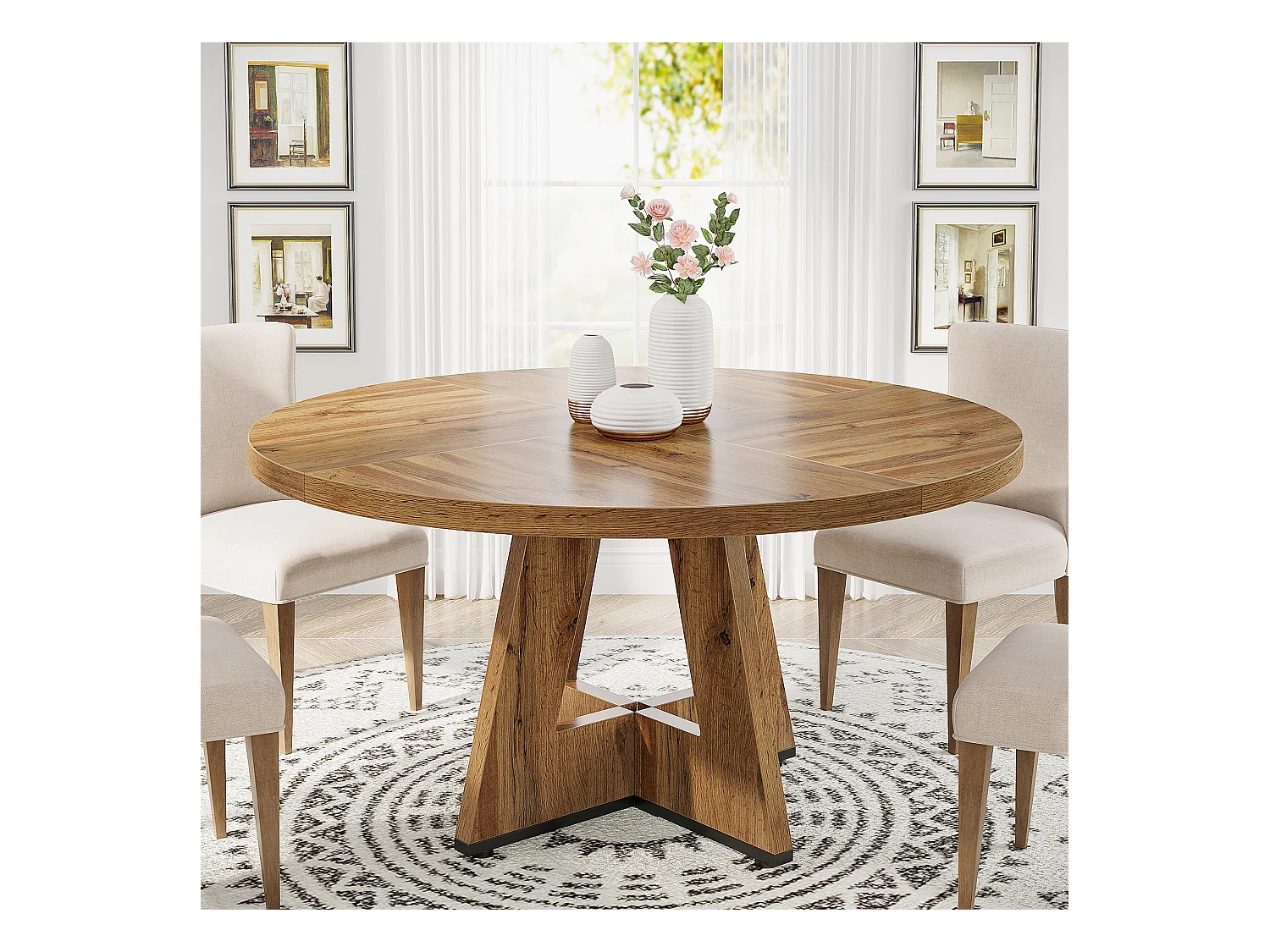 Table à manger de style campagnard, table ronde de 120 cm pour 4 personnes, table de salle à manger rustique