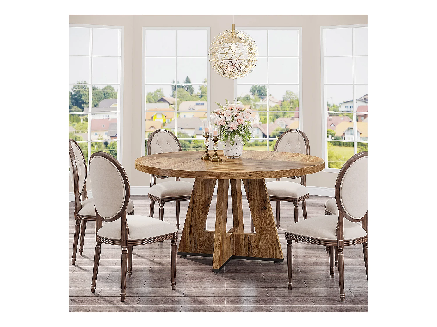 Table à manger de style campagnard, table ronde de 120 cm pour 4 personnes, table de salle à manger rustique