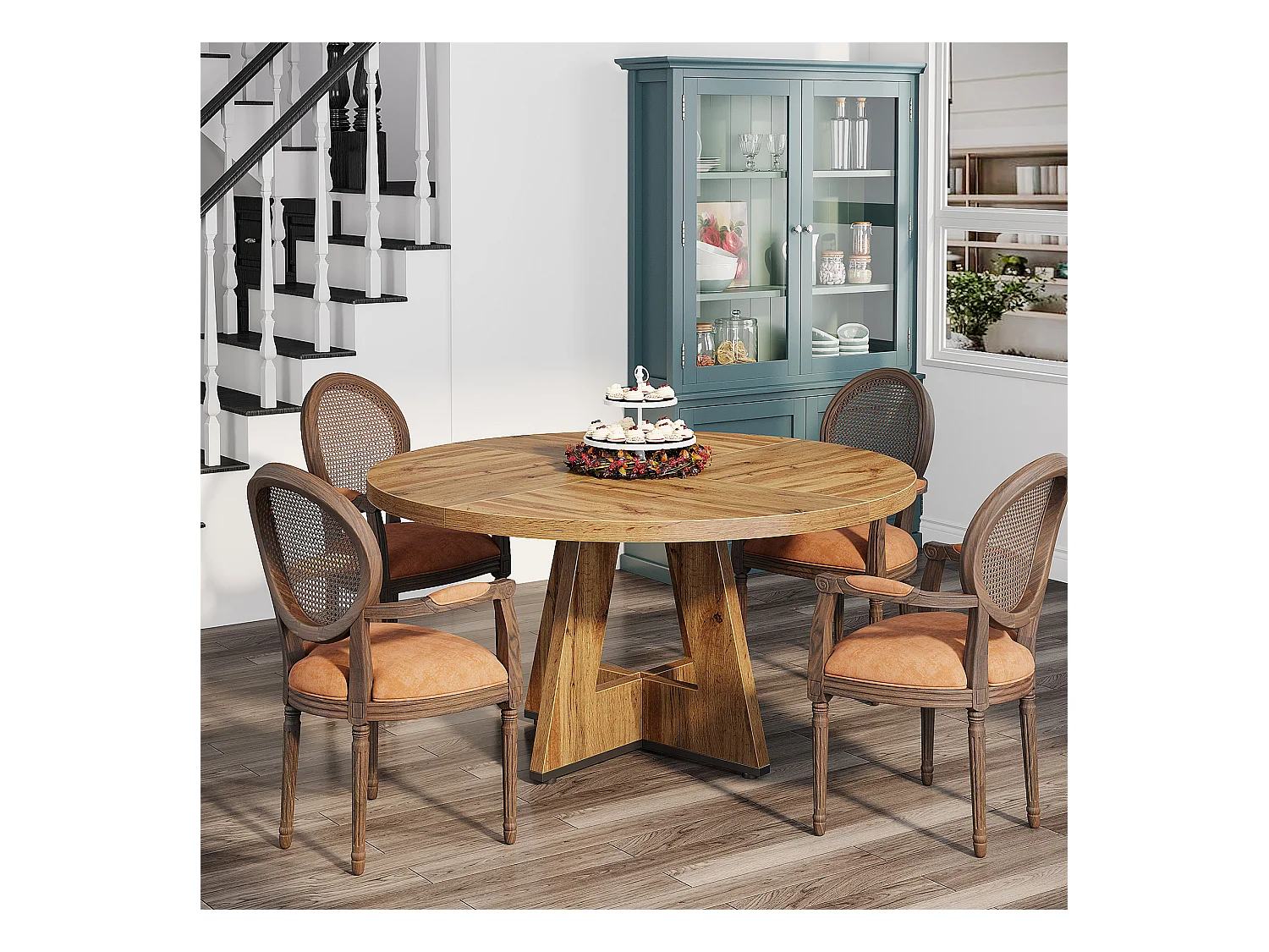 Table à manger de style campagnard, table ronde de 120 cm pour 4 personnes, table de salle à manger rustique