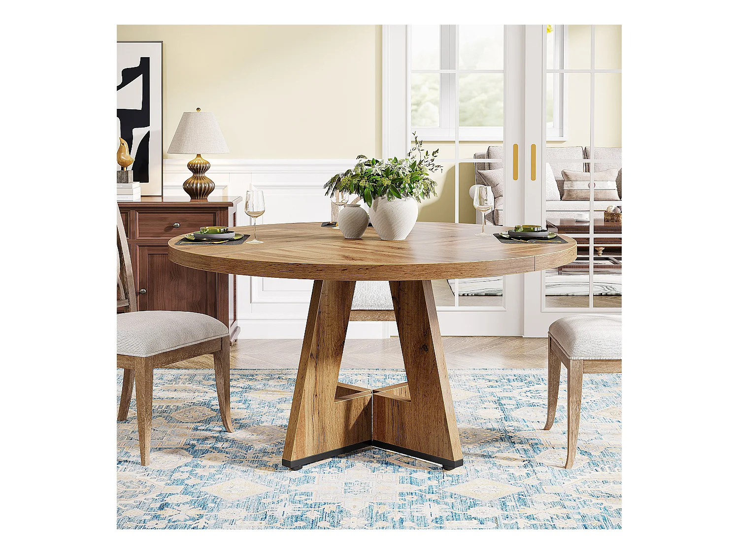 Table à manger de style campagnard, table ronde de 120 cm pour 4 personnes, table de salle à manger rustique