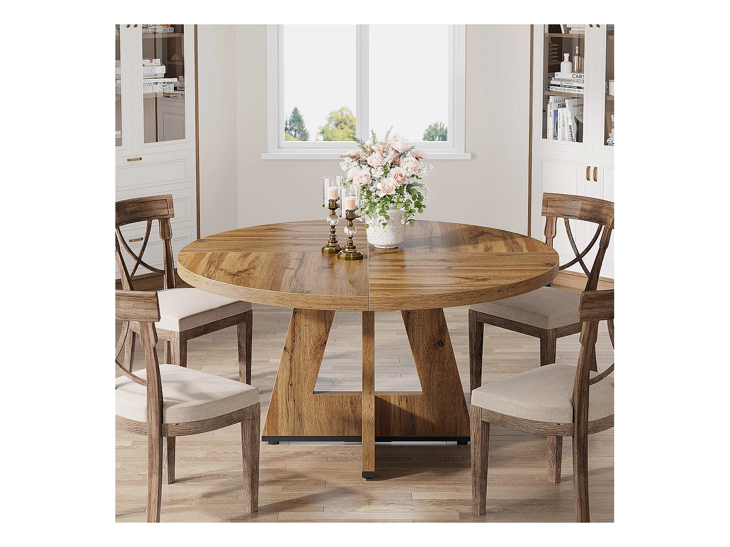 Table à manger de style campagnard, table ronde de 120 cm pour 4 personnes, table de salle à manger rustique