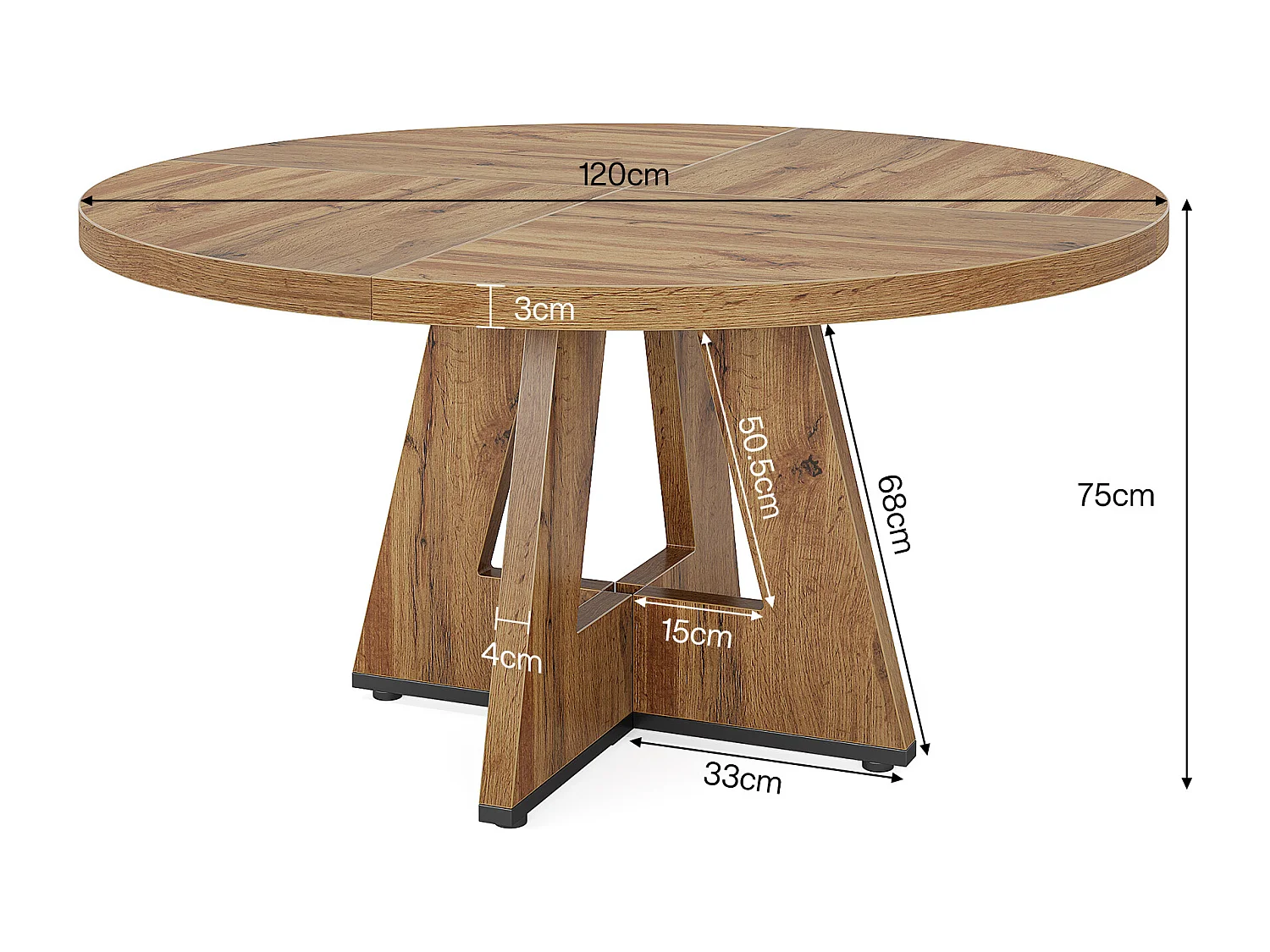 Table à manger de style campagnard, table ronde de 120 cm pour 4 personnes, table de salle à manger rustique